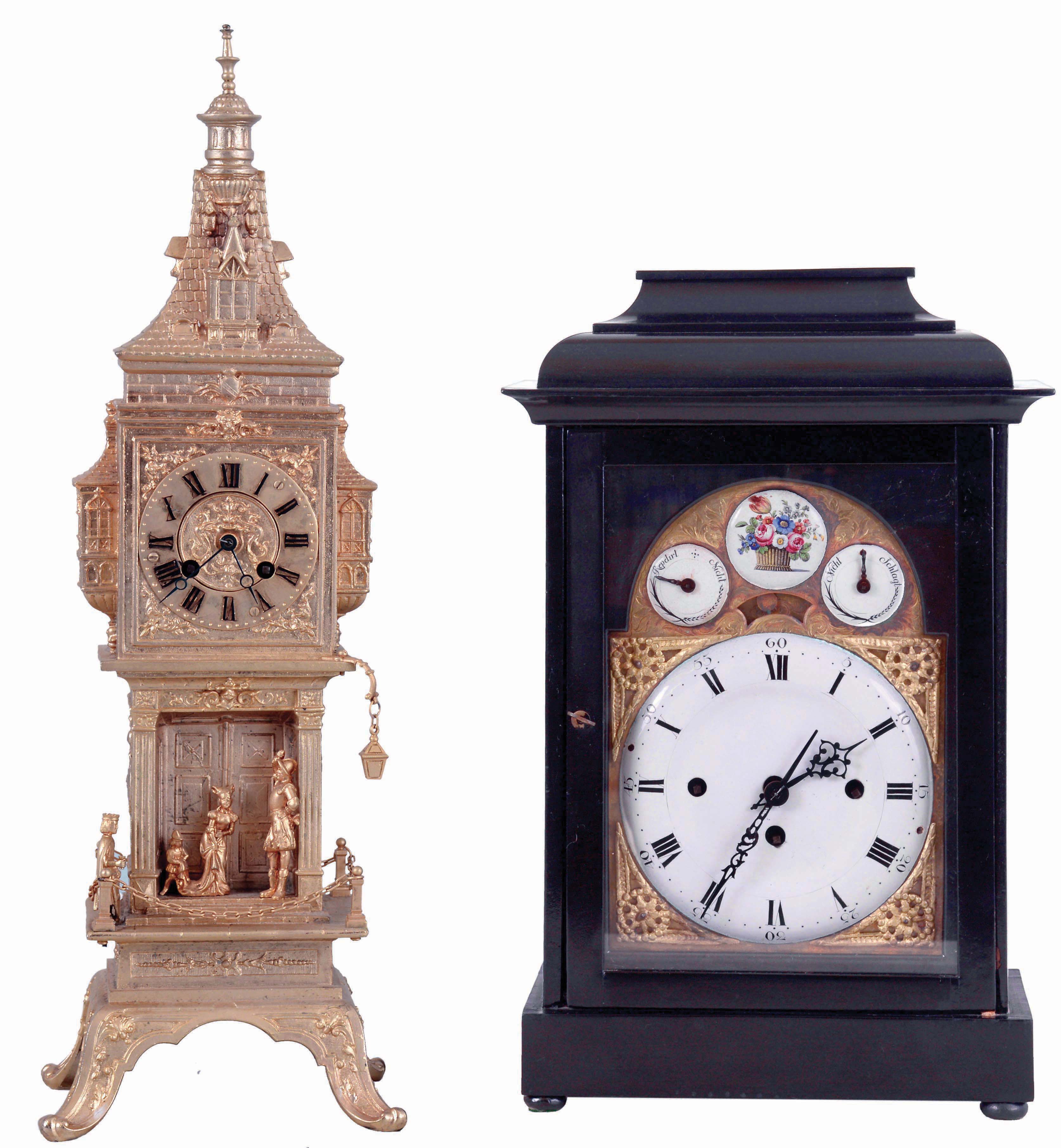 Clocks- 2 (Two): The first an Austrian 3 train bracket clock, probably 2 day, in ebonized wooden case, composite, engraved brass and enamel dial, engraved brass quarter striking movement with verge escapement, c1800, and a French architectural mantel clock, gilt case, Roman numeral dial, 8 days time and strike movement, c1880 — Antique Clocks Price Guide