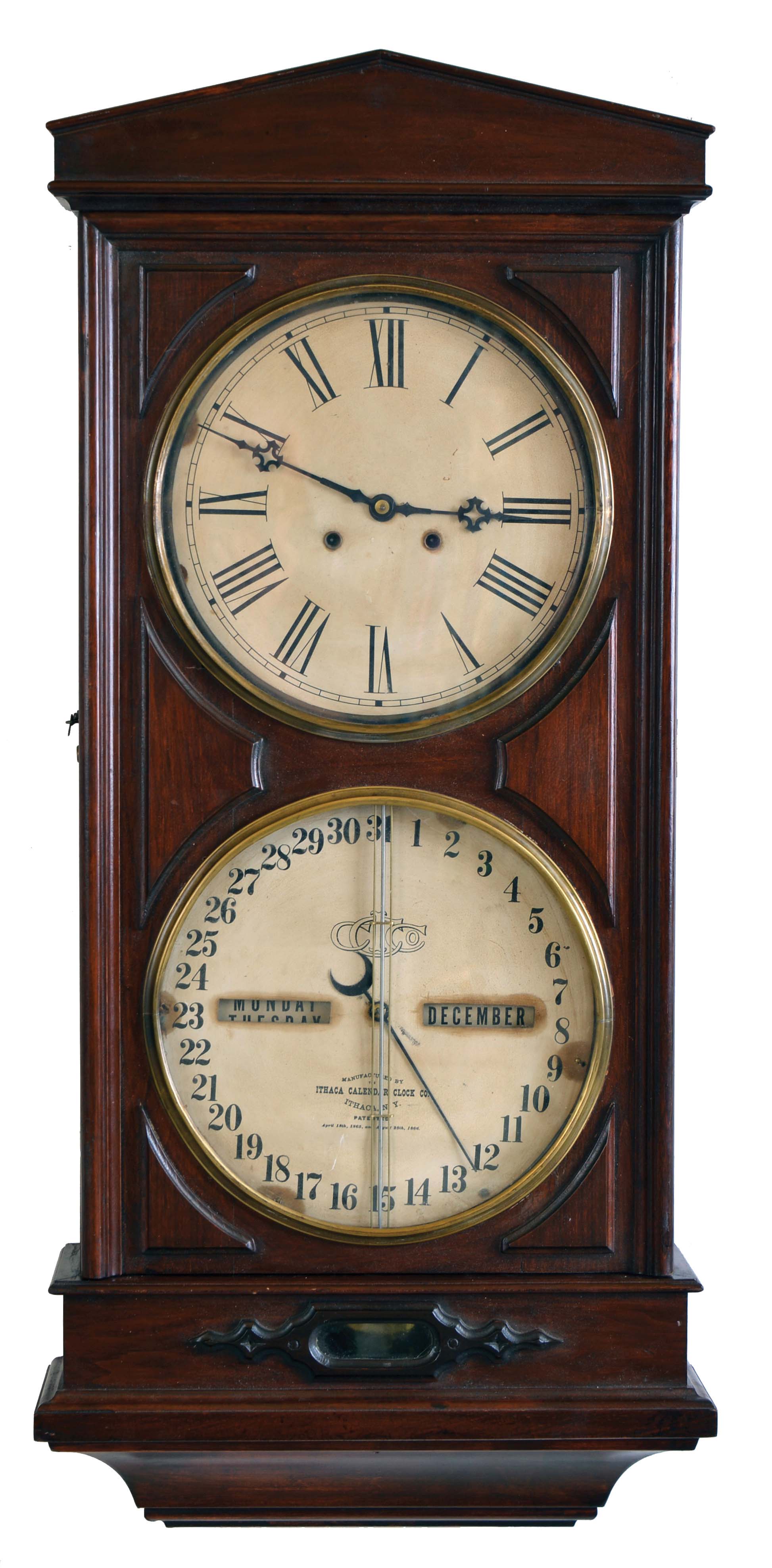 Ithaca Calendar Clock Co., Ithaca, NY, "No. 3 Regulator" wall hanging clock with a weight driven 8 day timepiece movement with a perpetual calendar mechanism in a walnut case. — Antique Clocks Price Guide