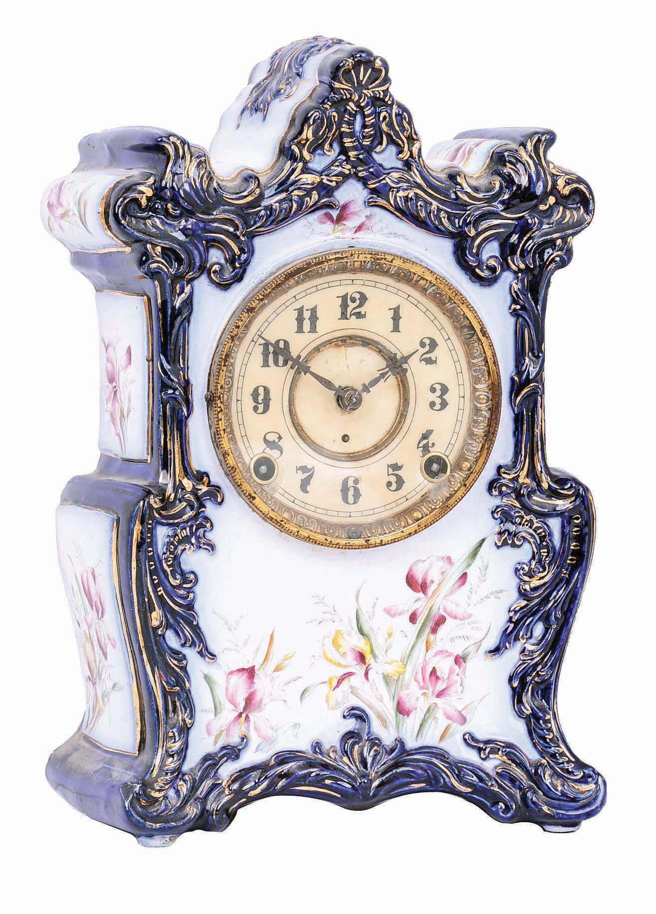 F. Kroeber Clock Co., New York, New York, "China No. 22", 8 day, time and strike spring brass movement porcelain case mantel clock. — Antique Clocks Price Guide