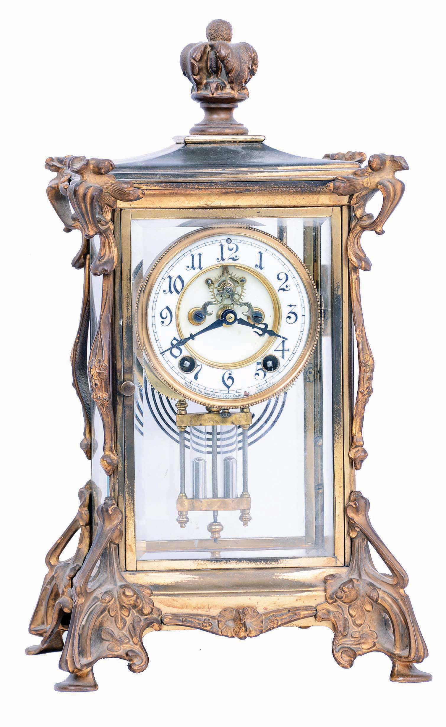 New Haven Clock Co., New Haven, Conn., "Thames", 8 day, time and strike spring brass movement crystal regulator mantel clock with Art Noveau feet and applied decorations. — Antique Clocks Price Guide