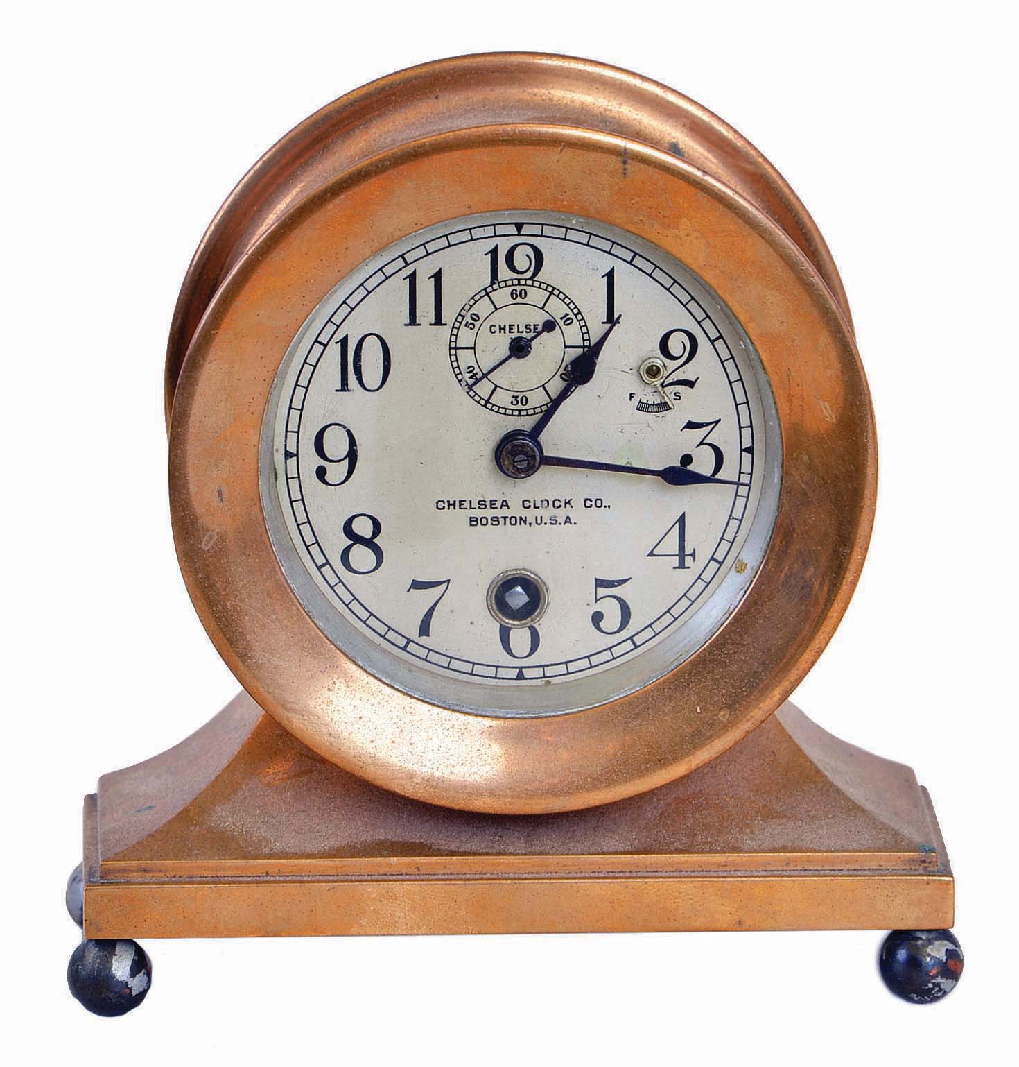 Chelsea Clock Co., Boston, Mass., "Base and Ball", 8 days, spring brass lever movement mantel timepiece. Serial No. 136305 — Antique Clocks Price Guide