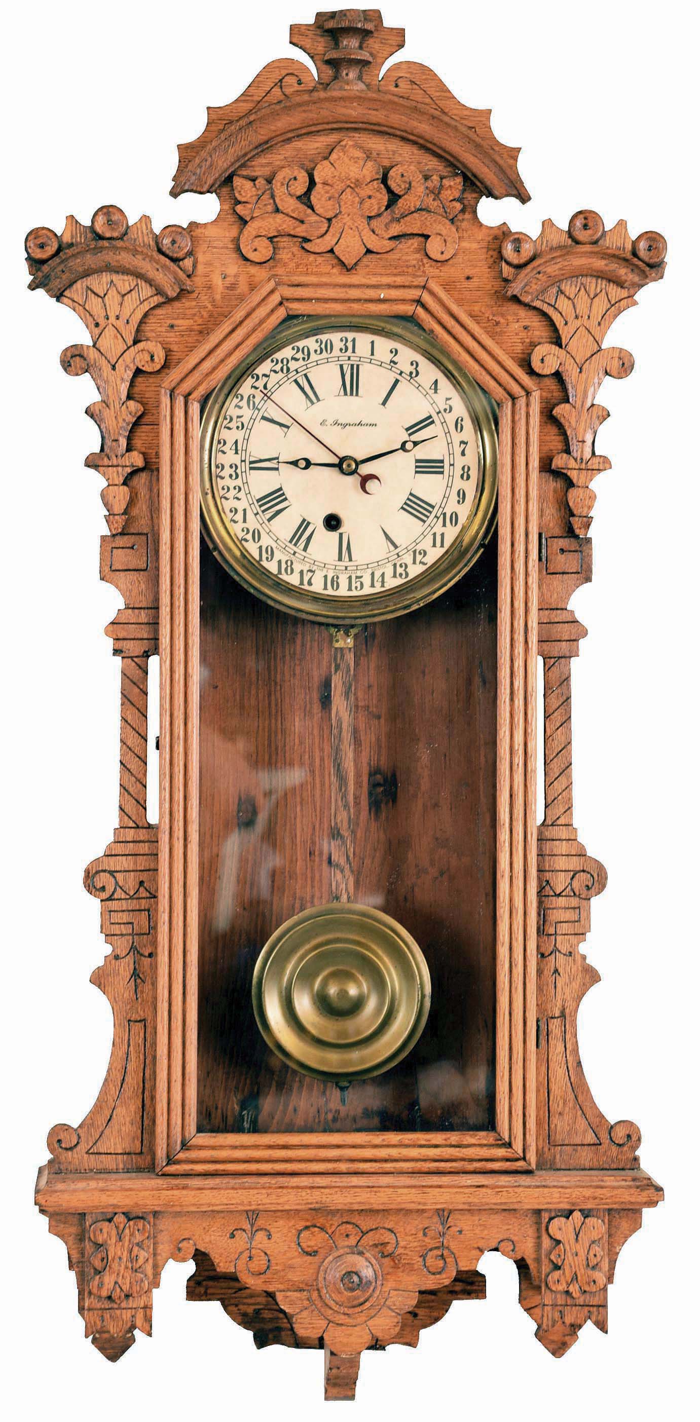 E. Ingraham & Co., Bristol, Conn., "Pacific", 8 days, spring brass movement calendar wall clock. — Antique Clocks Price Guide
