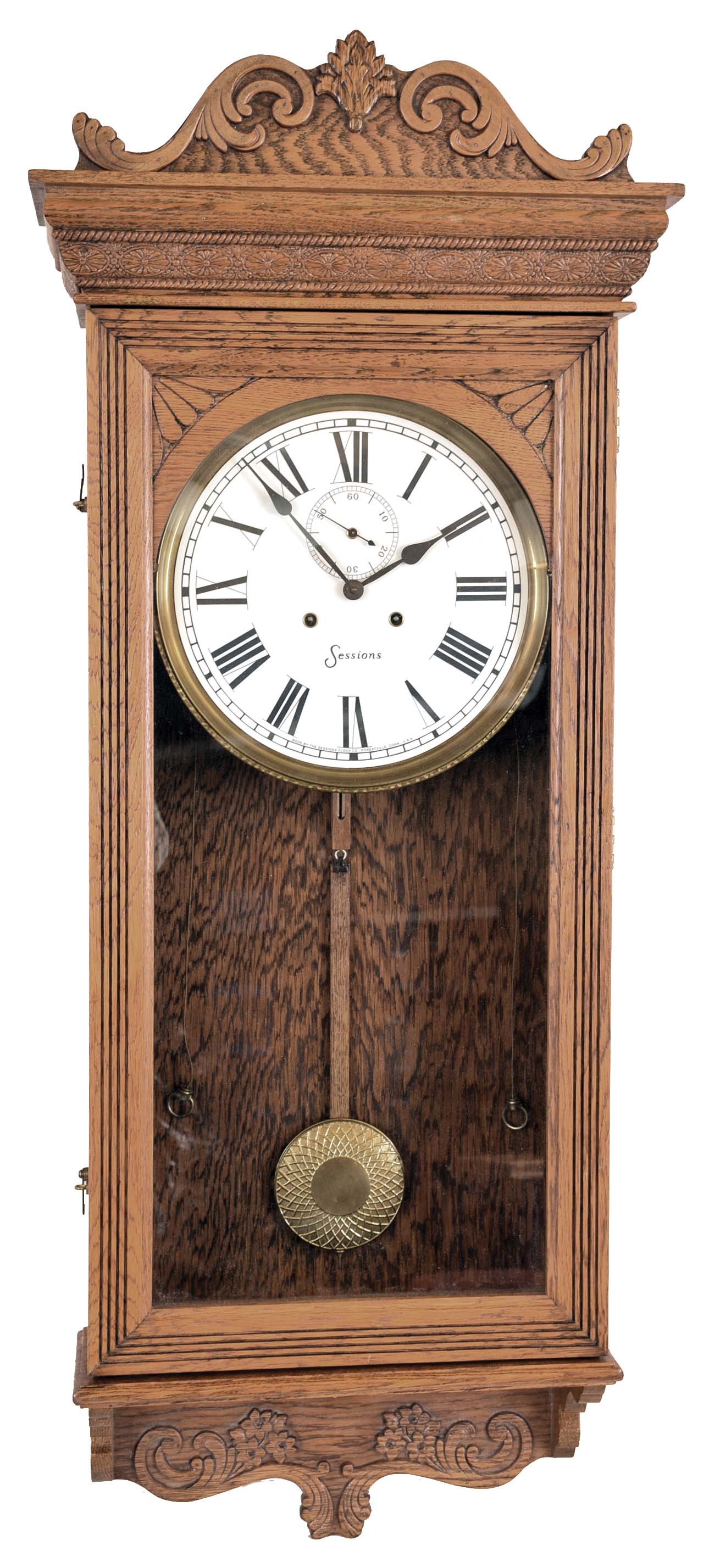 Sessions Clock Co., Forestville, Conn., "Regulator No. 5" wall hanging clock with an 8 day weight driven brass timepiece movement in a sold oak case. — Antique Clocks Price Guide