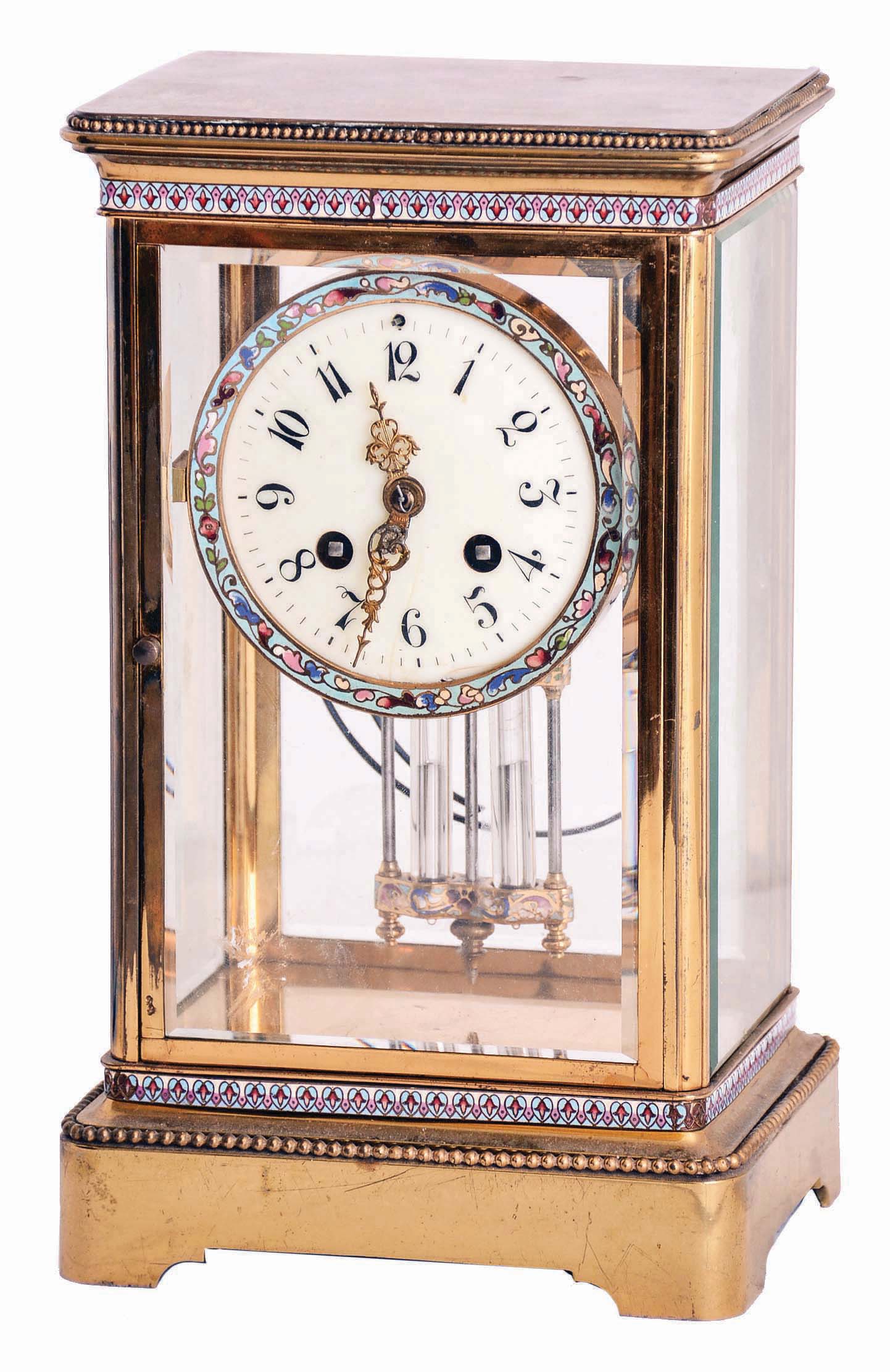 French, Marti & Cie, 8 day, time and strike spring brass movement crystal regulator with enameled decoration. — Antique Clocks Price Guide