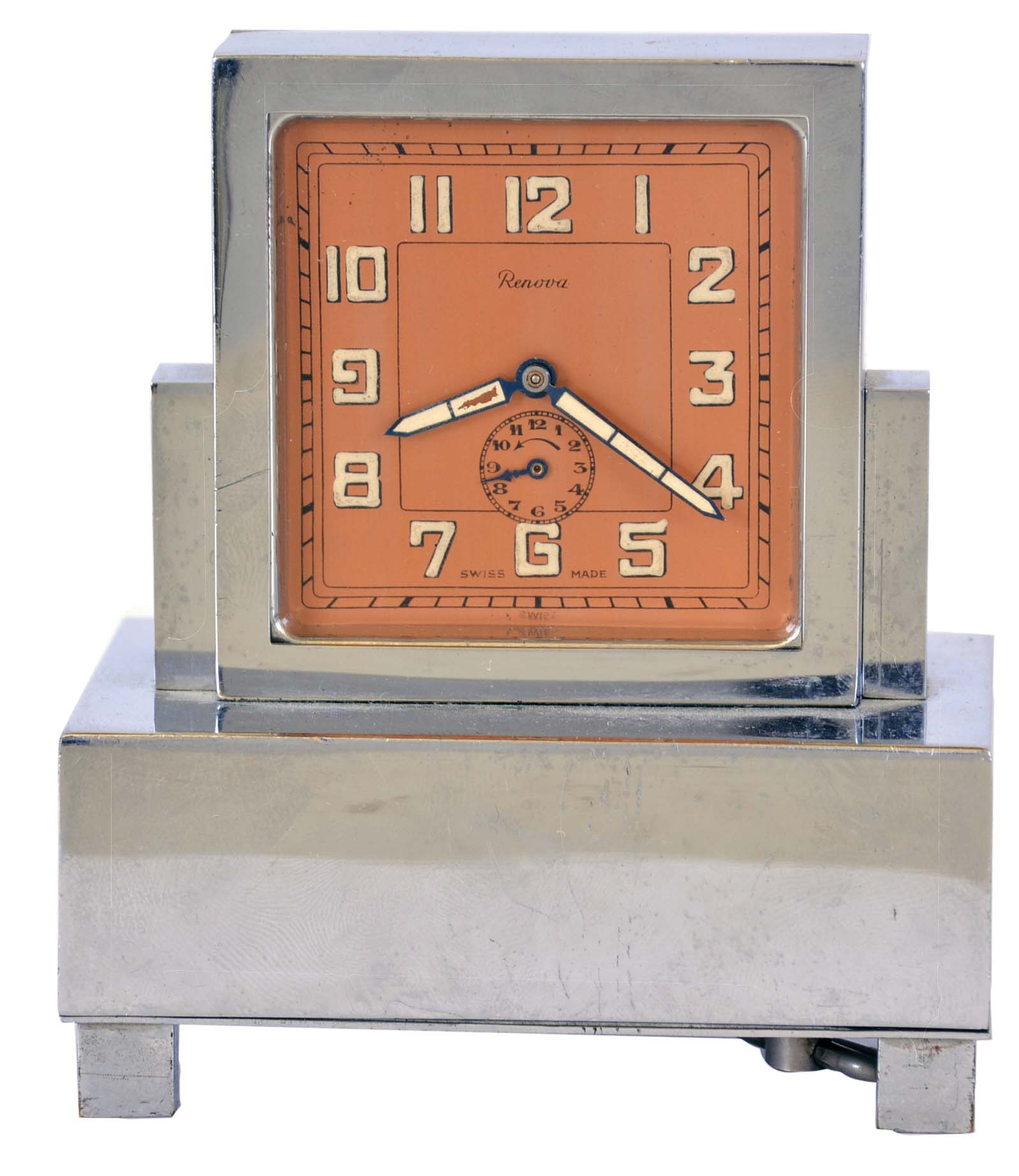 Renova, Switzerland musical alarm clock 8 day, time and alarm, spring driven movement in nickel plated case with luminous dial — Antique Clocks Price Guide