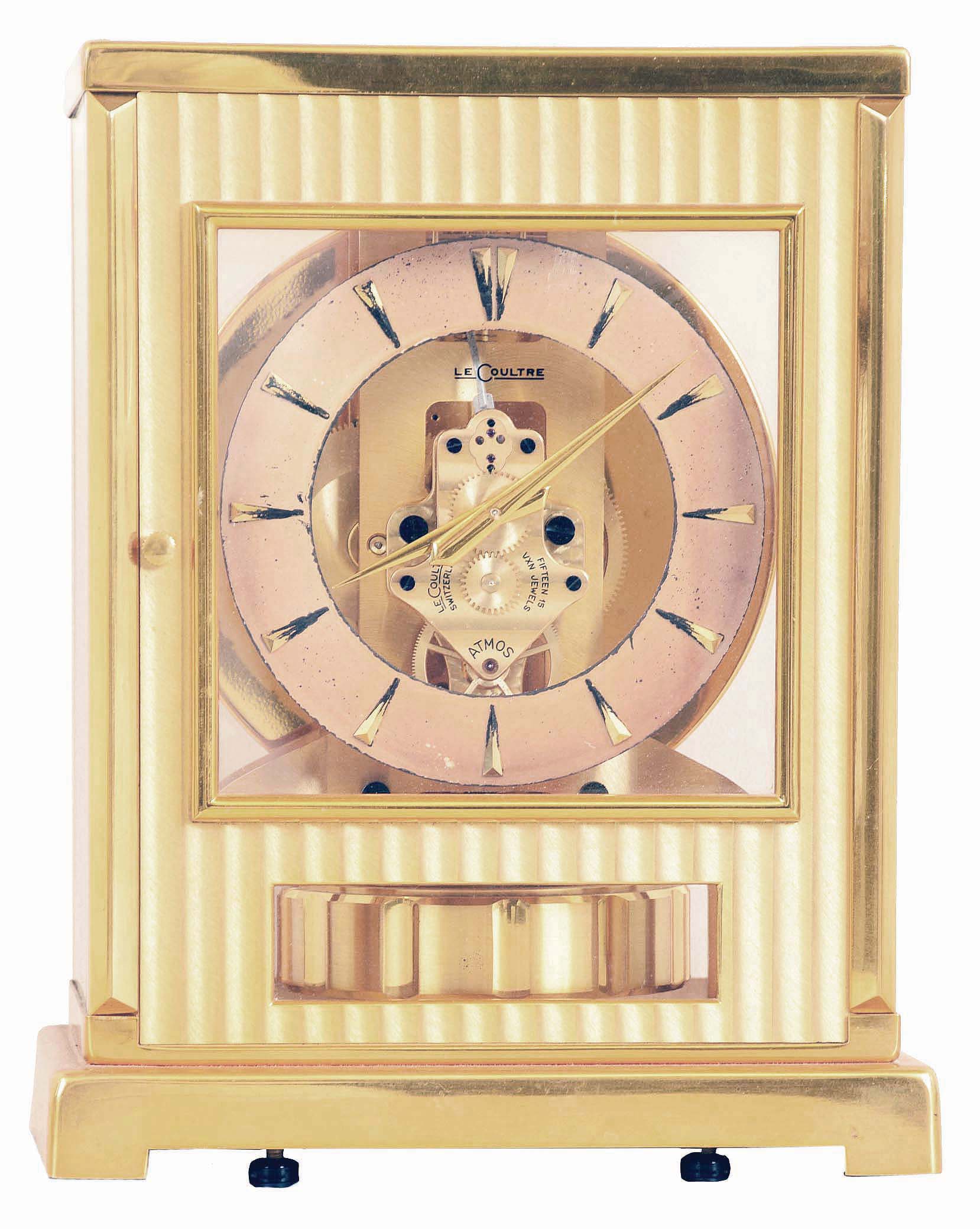 Jaeger LeCoultre, Switzerland, "Atmos Tuxedo" model 522 calibre movement perpetual gold- plated brass and glass time only mantel clock, serial number 61873 — Antique Clocks Price Guide
