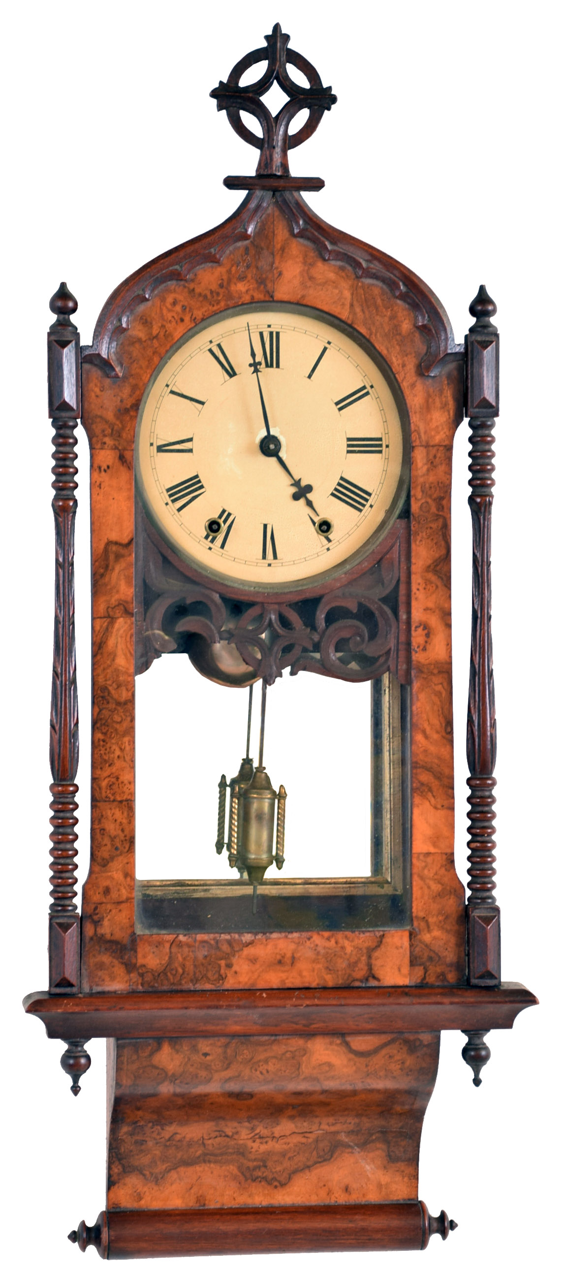 Clocks- 3 (Three) 8 day time and strike wall clocks: Swedish Westerstrand gilt wood cartel; French Morbier ebonized wood bakery clock with iron frame movement, painted metal dial with applied cartouche numbers, mother- of- pearl inlay; Anglo American with burl walnut veneer. — Antique Clocks Price Guide