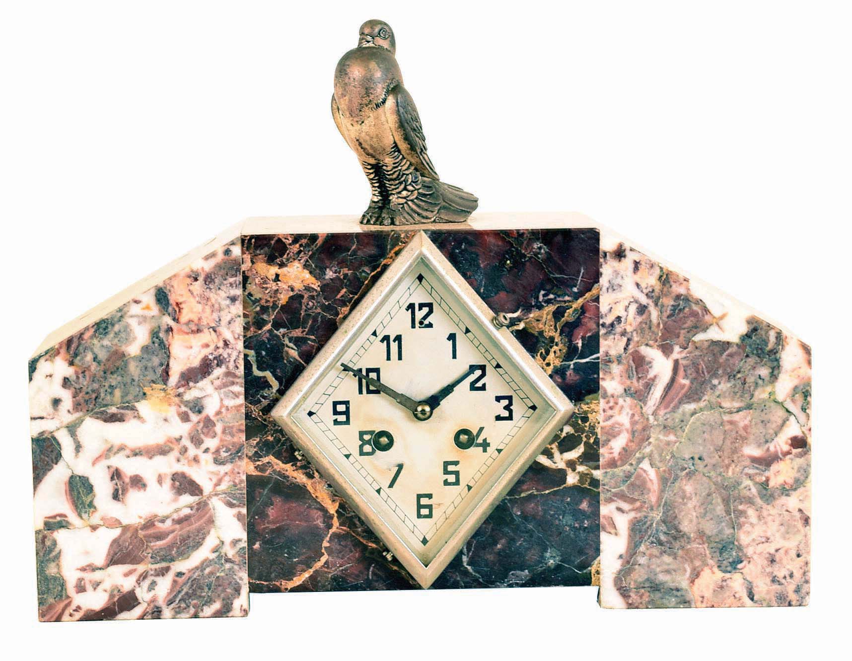 French Art Deco marble mantle clock, cast metal bird figure on top, 8 day time and strike Japy Freres Medaille D'Honneur movement — Antique Clocks Price Guide