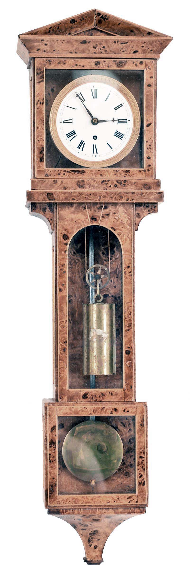 Clocks- 2 (Two) miniature unsigned, fancy grained veneer reproduction time only weight driven Vienna regulator wall clocks. — Antique Clocks Price Guide