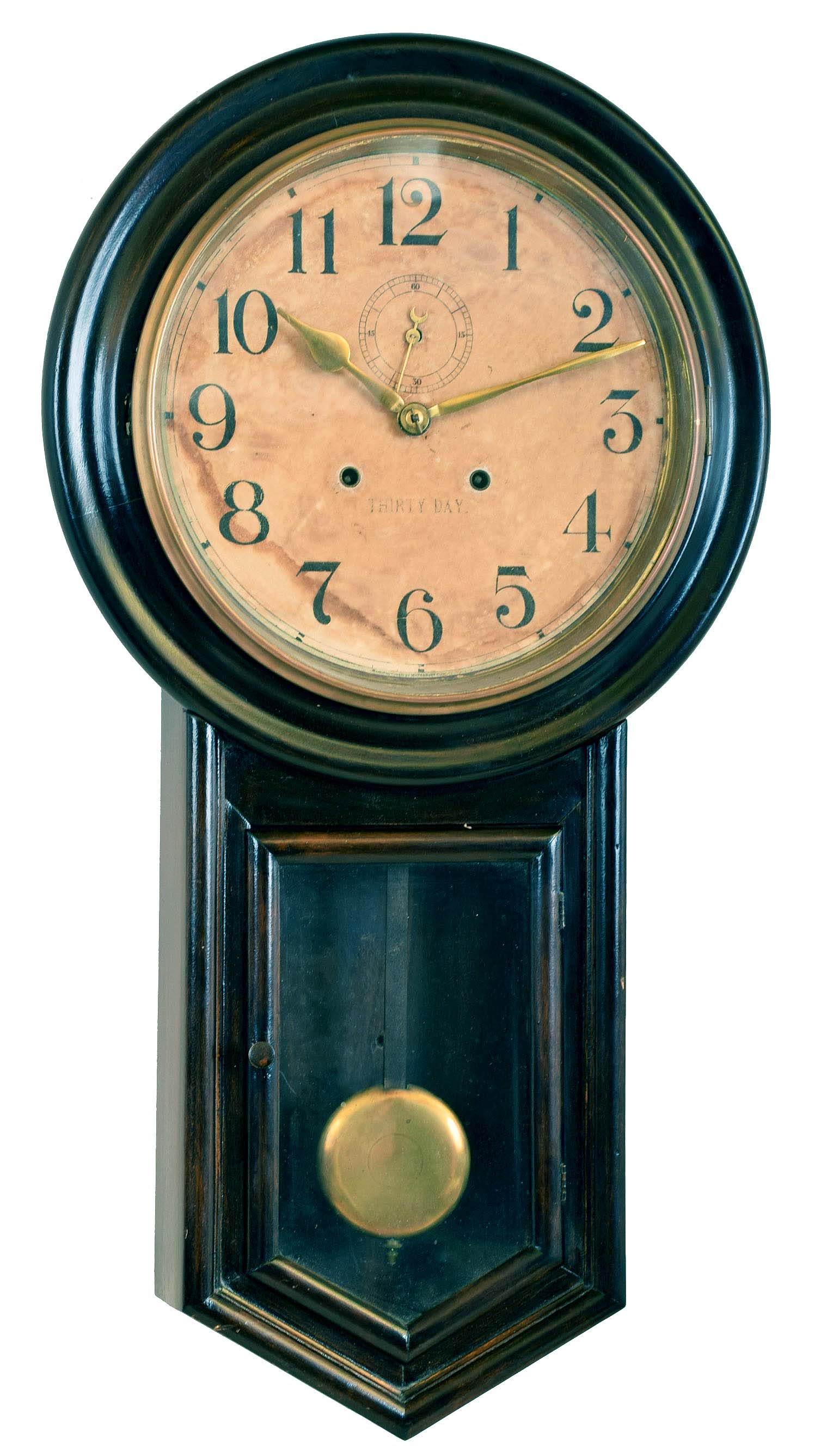 Clocks- 2 (Two): (1) Anglo American wall clock with an 8 day time & strike spring driven movement in a wooden case with marquetry design, c1885; (2) Waterbury Clock Co., Waterbury, CT "Admiral" wall hanging clock with a 30 day timepiece movement, c1927. — Antique Clocks Price Guide