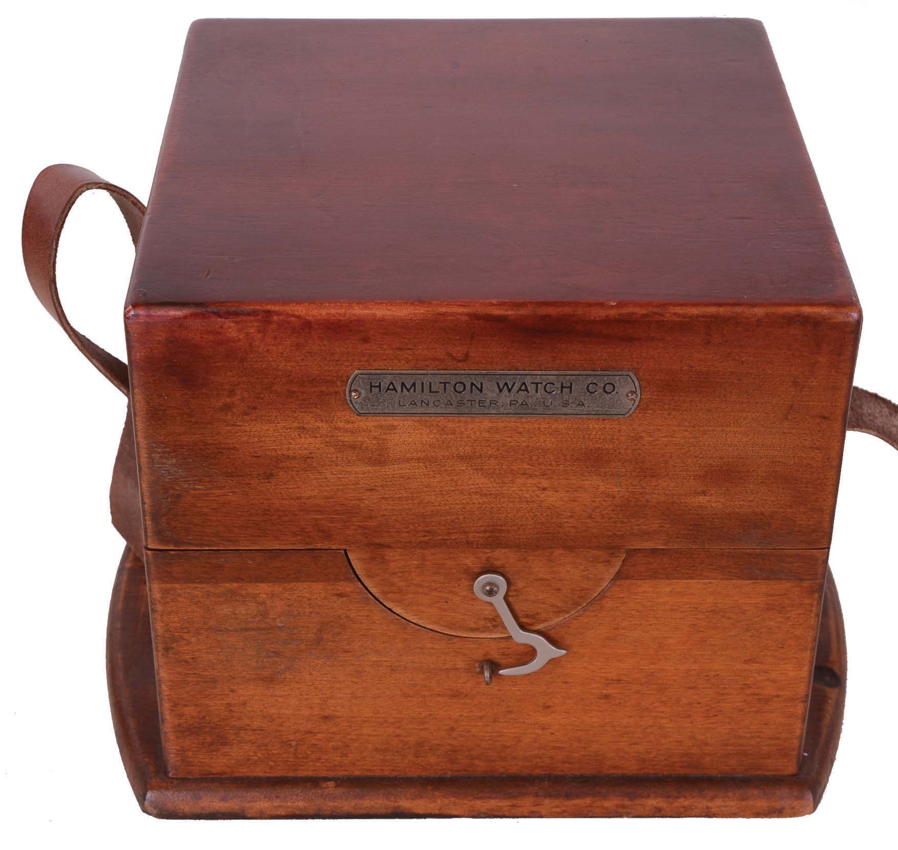 Hamilton Watch Co., Lancaster, Penn., model 22 chronometer with wind indicator, 35 size, 21 jewels, stem wind, pin set, adjusted to 6 positions and temperature, straight line damascened nickel plate movement, with lever escapement and micrometric regulator, Arabic numeral silvered metal dial, black steel spade and poker hands, the timepiece contained in a gimbaled bowl, mounted in a mahogany box, and with outer box, serial #2F27646, c1940 — Antique Clocks Price Guide
