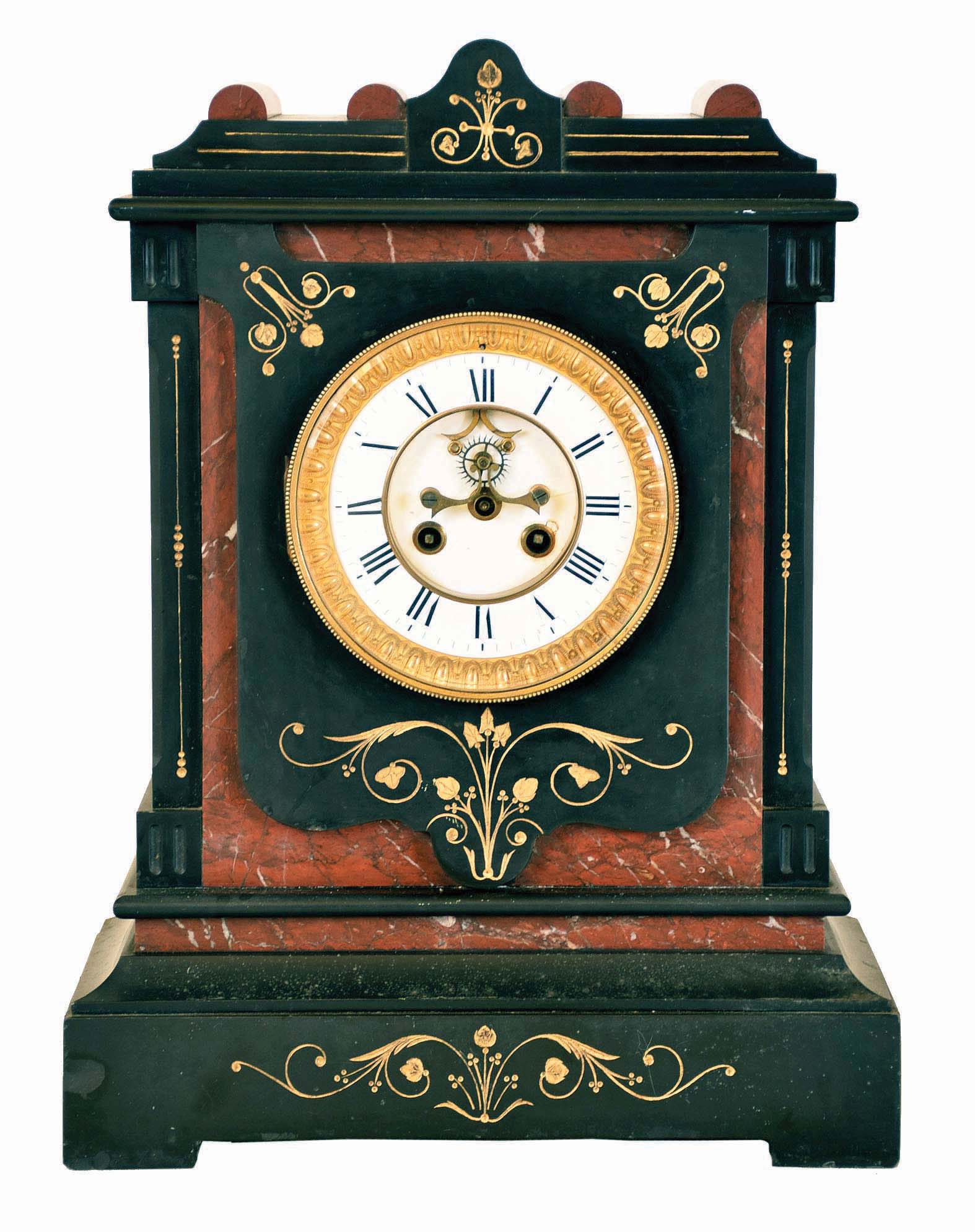 French large black marble 8 day time and strike mantel clock, visible escapement — Antique Clocks Price Guide