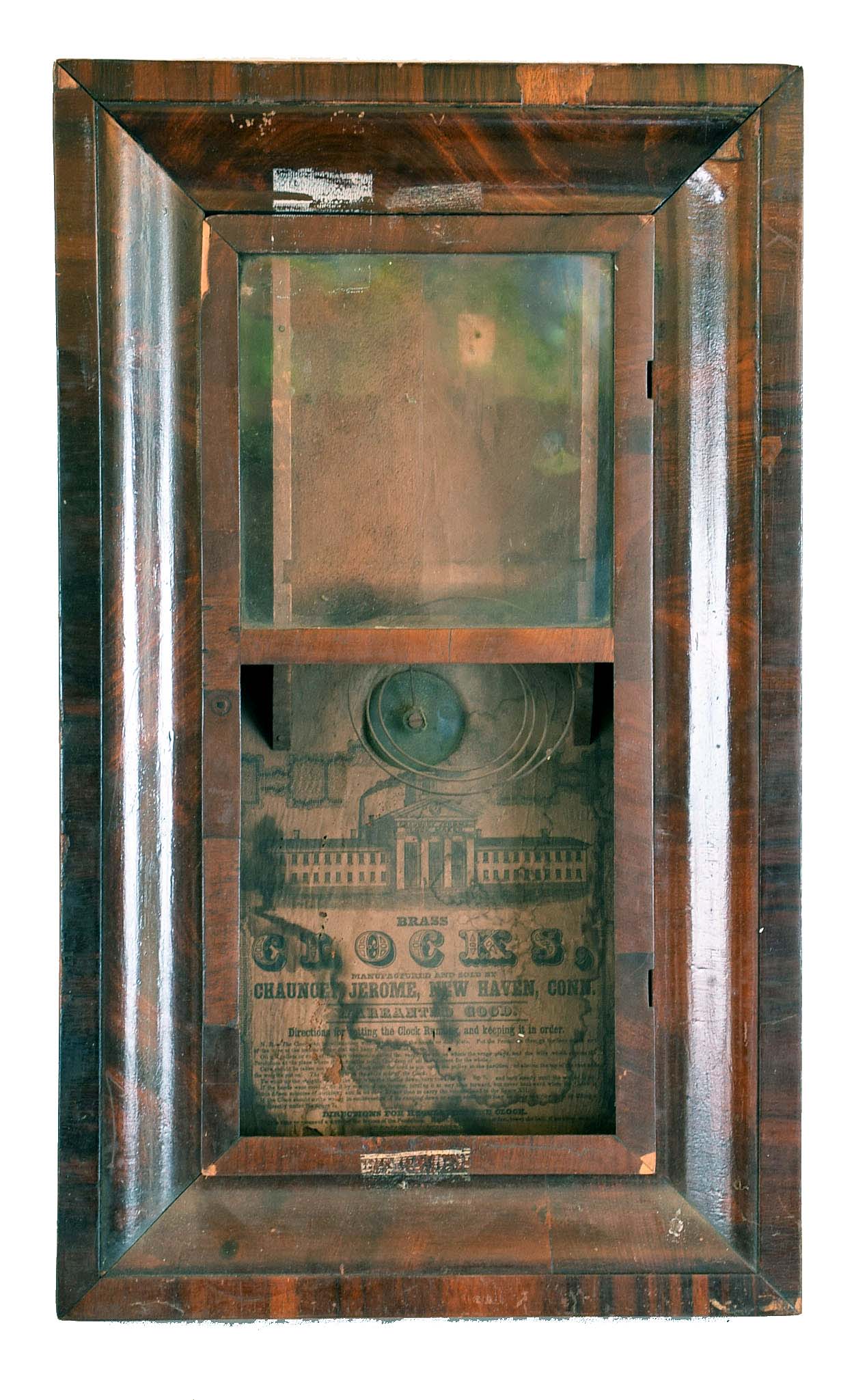 Clocks- 6 (Six): (1) Chauncey Jerome, New Haven, Conn. OG case only, c. 1850. (2) Gilbert pillar & scroll, case only, c. 1915. (3) Chauncey Jerome, Bristol, Conn, OG case only, c. 1840; (4) Unmarked half column and splat transition clock with a weight driven 30 hour time and strike movement in a mahogany case. (5) Southern Clock Co., Andersonville, SC, OG shelf clock with a spring driven 30 hour time and strike movement in a rosewood veneered case. (6) Riley Whiting, Winchester, Conn. carved half column and splat transition clock with a weight driven 30 hour time and strike movement in a mahogany case. — Antique Clocks Price Guide