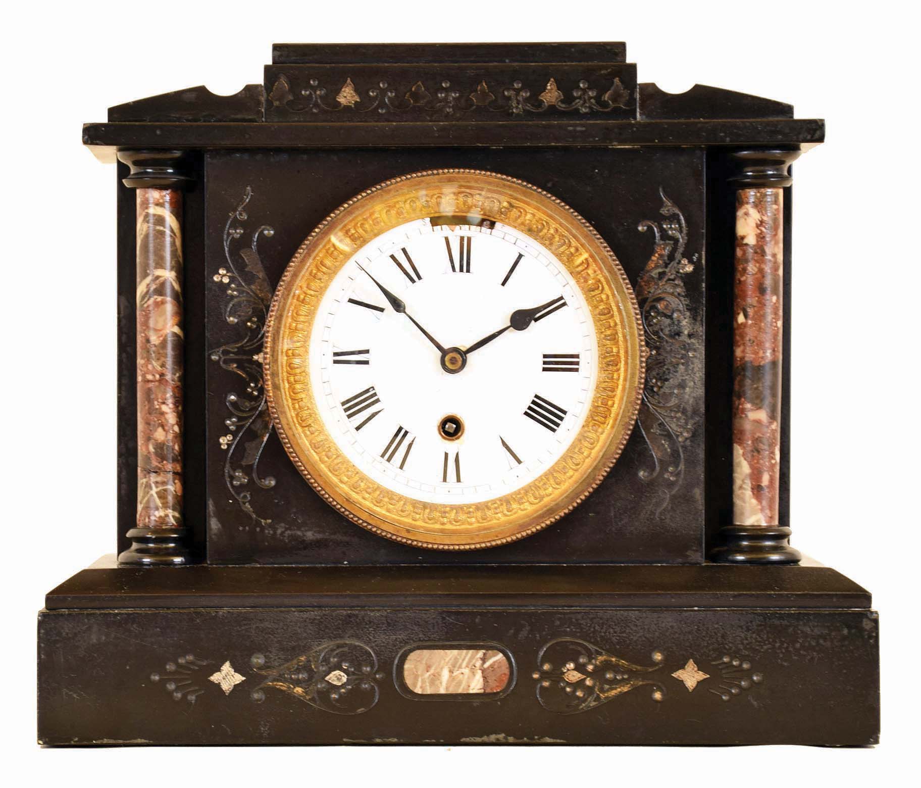 Boston Clock Co., Boston, Mass., 8 day, time and strike tandem wind spring brass lever movement marble mantel clock. — Antique Clocks Price Guide