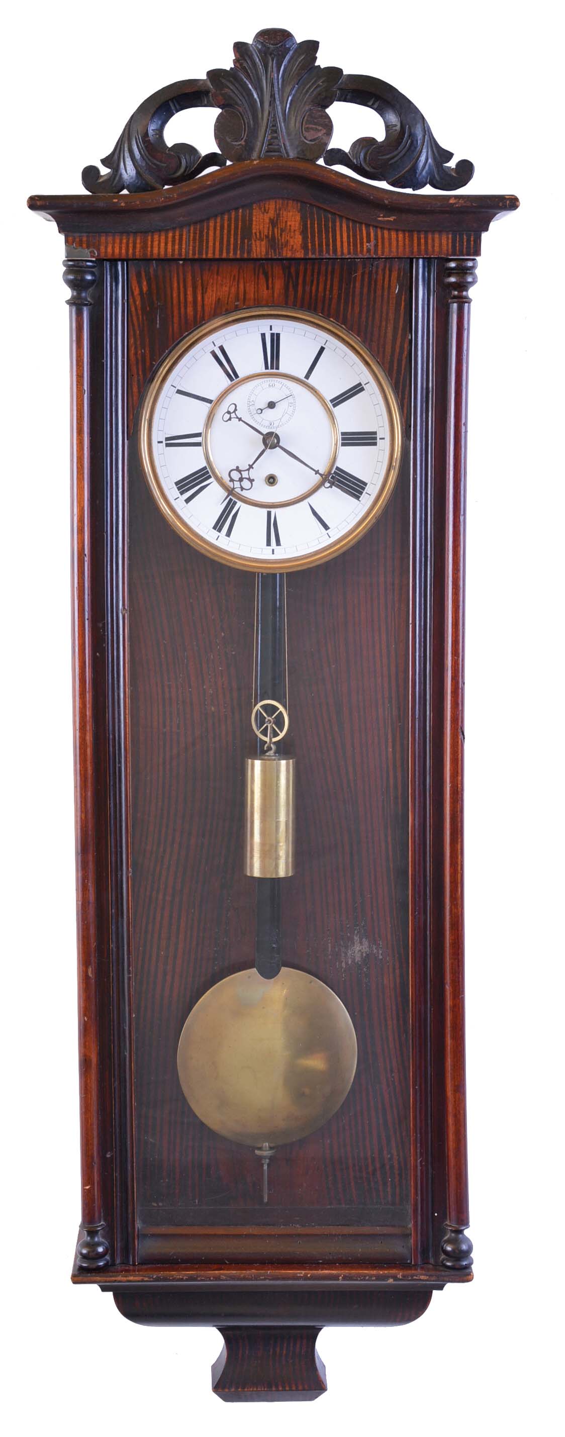 Germany, unsigned Vienna regulator style wall clock, 8 day, time only, weight driven movement in a mahogany case with white enamel two part dial, serial no. 44509 — Antique Clocks Price Guide