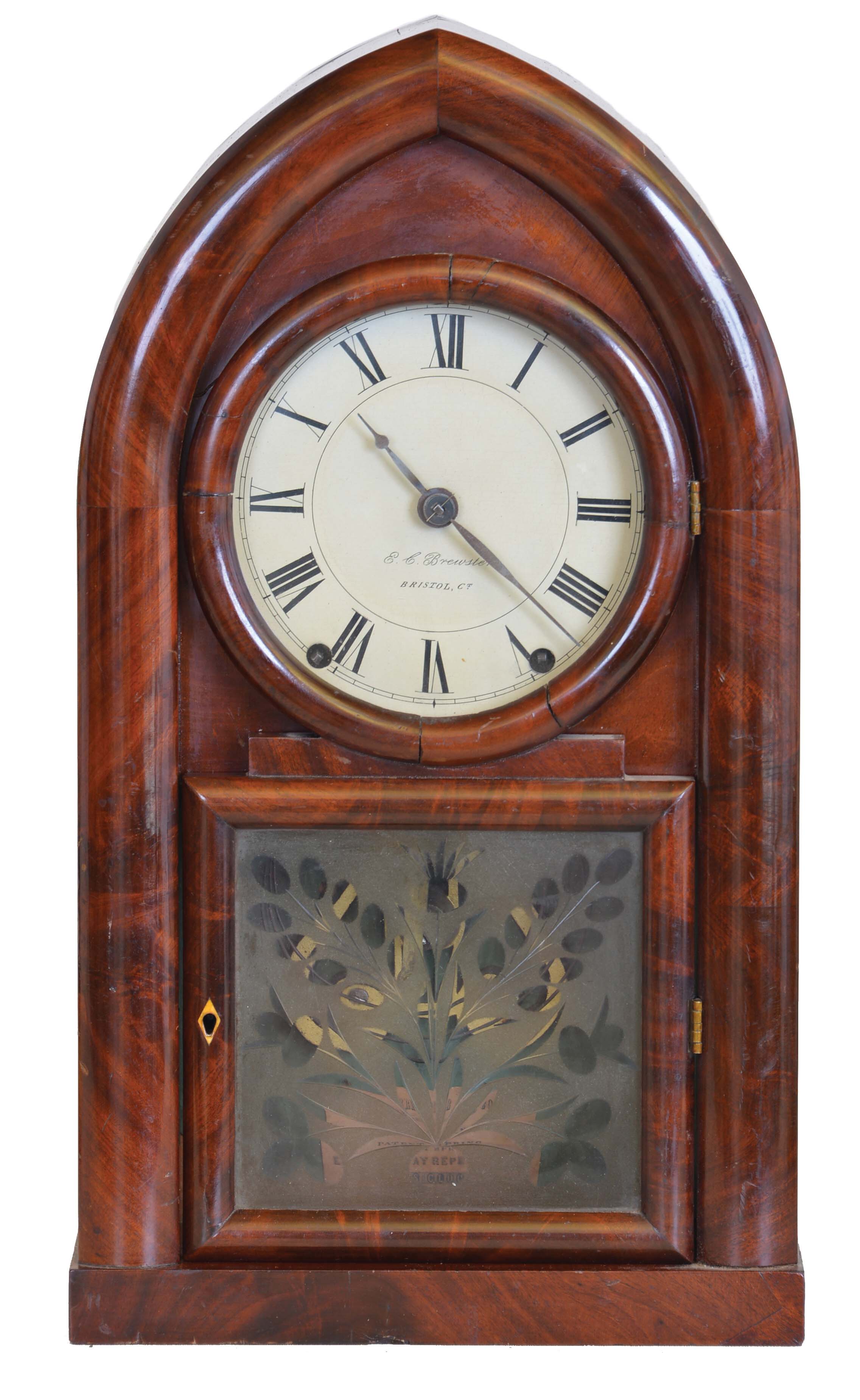 E.C. Brewster & Co., Bristol, Conn., 8 day, time and strike Kirk's patent iron backplate spring brass and iron movement round Gothic or beehive clock. — Antique Clocks Price Guide