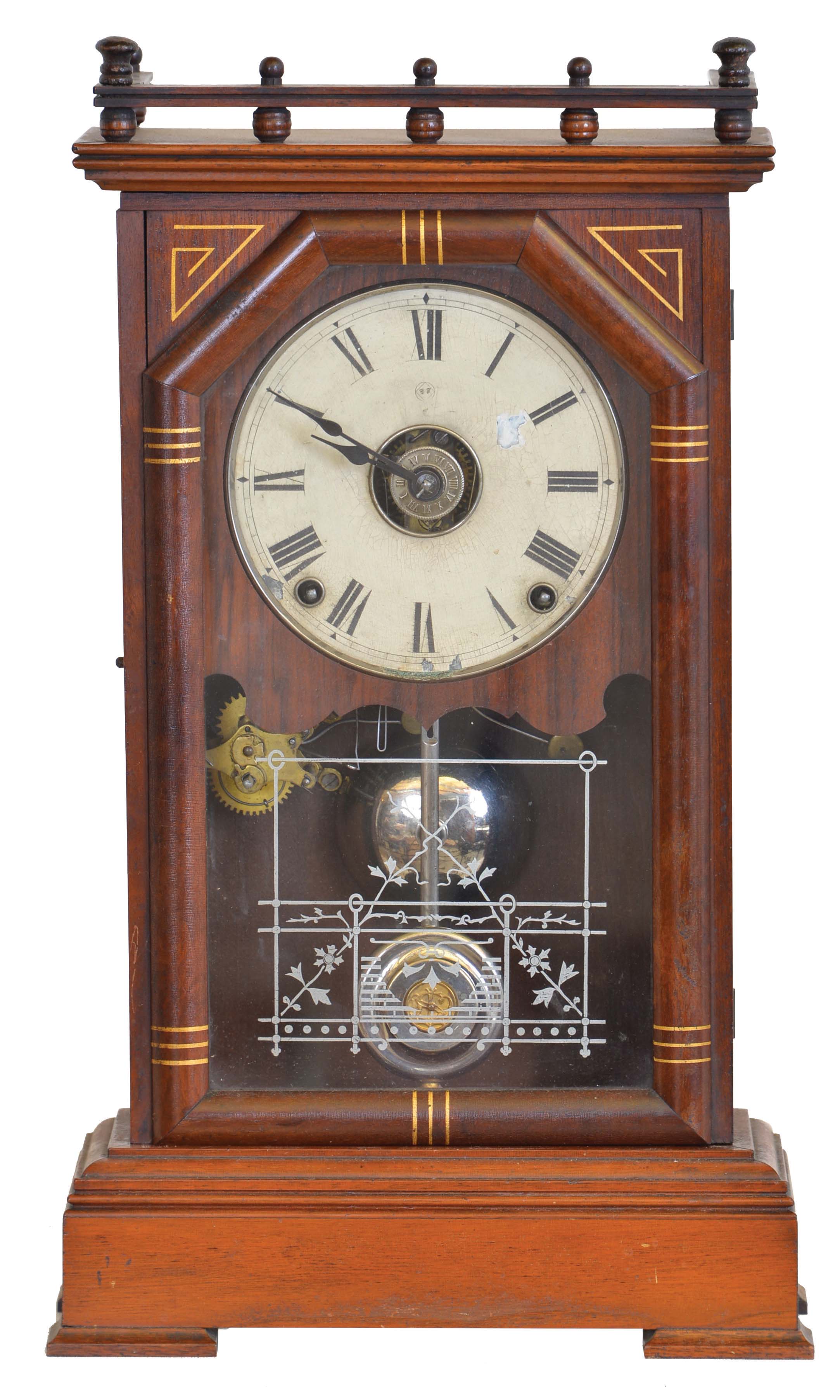 Clocks- 2 (Two) (1) Seth Thomas Clock Co., Thomaston, Conn., "Omaha" shelf clock with an 8 day spring driven time, strike and alarm lyre movement in a cherry case, c1885. (2) Seth Thomas Clock Co., Thomaston, Conn. "Cordova" shelf clock with a 15 day spring driven time & strike movement in a mahogany case, c1900. — Antique Clocks Price Guide