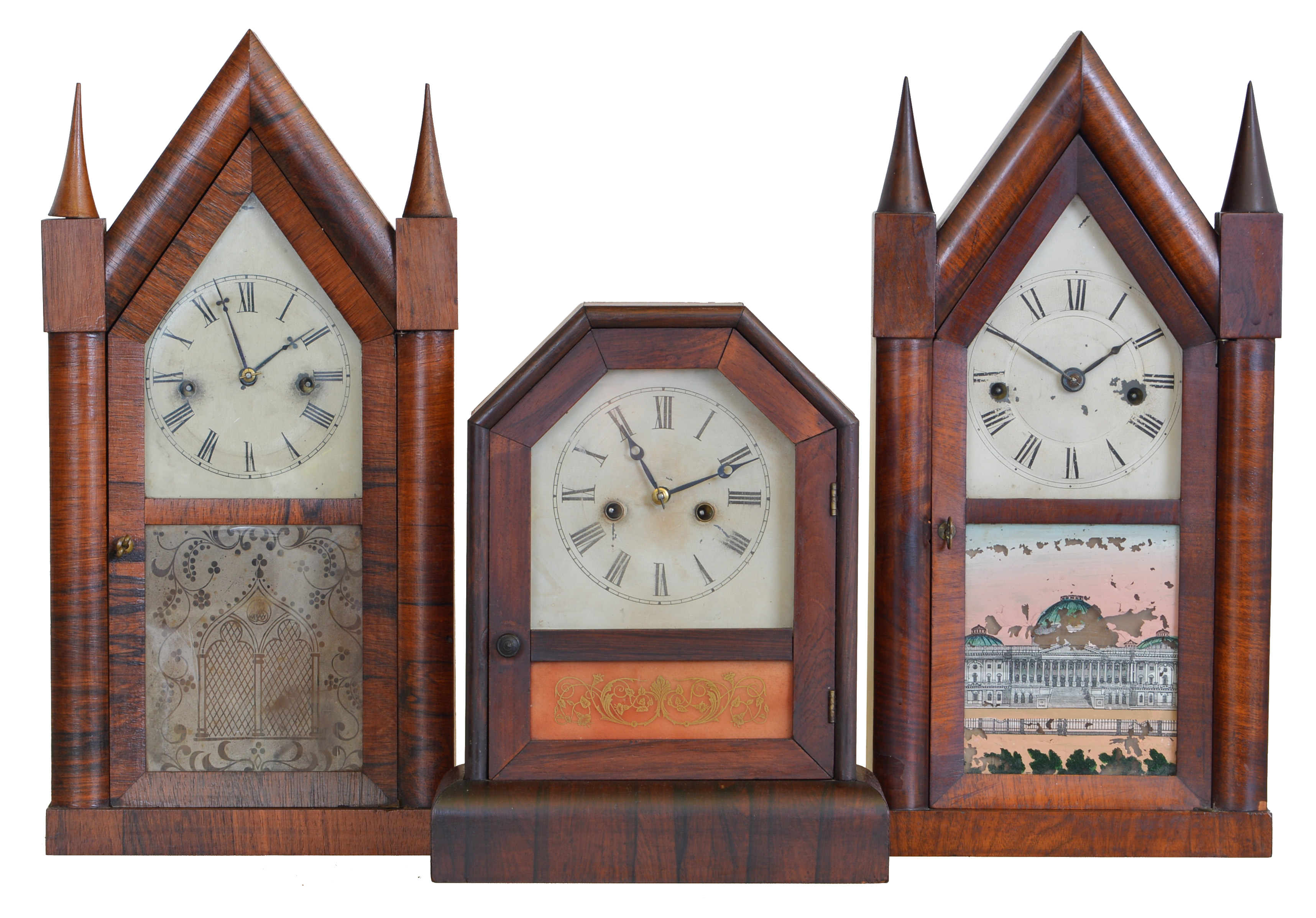 Clocks- 3 (Three): (1) Terry & Andrews, Bristol, Conn., 30 hour, time and strike spring brass movement Sharp Gothic or Steeple clock, c1850 (2) Chauncey Jerome, New Haven, Conn. 30 hour, time and strike spring brass movement Sharp Gothic or Steeple Clock, c1850 (3) Jerome & Co., New Haven, Conn., 30 hour, time and strike spring brass movement octagon top cottage clock, c1865 — Antique Clocks Price Guide