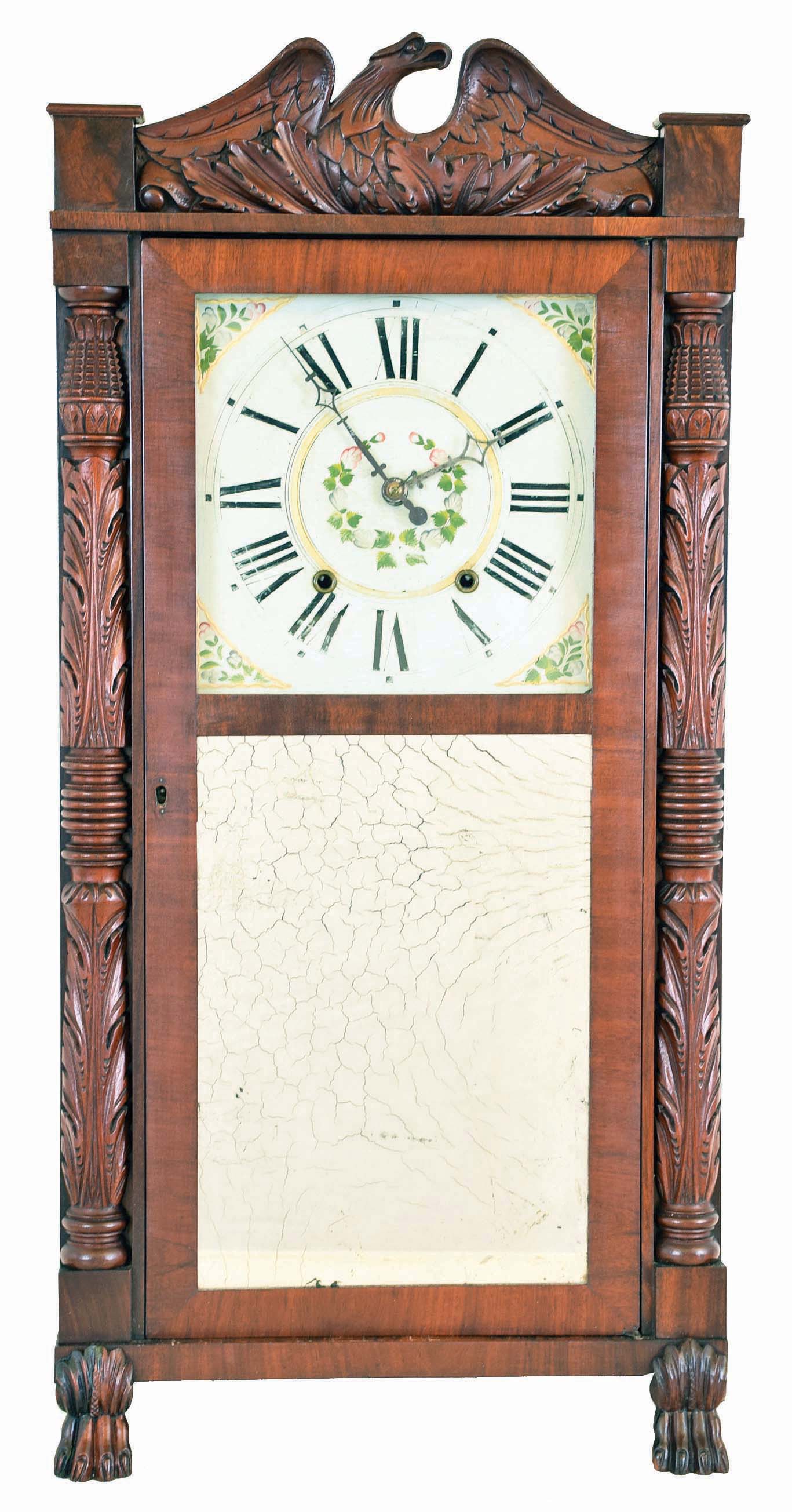 Seymour, Hall & Co., Unionville, Conn., 30 hour, time and strike weight wood movement carved column & splat shelf clock. — Antique Clocks Price Guide