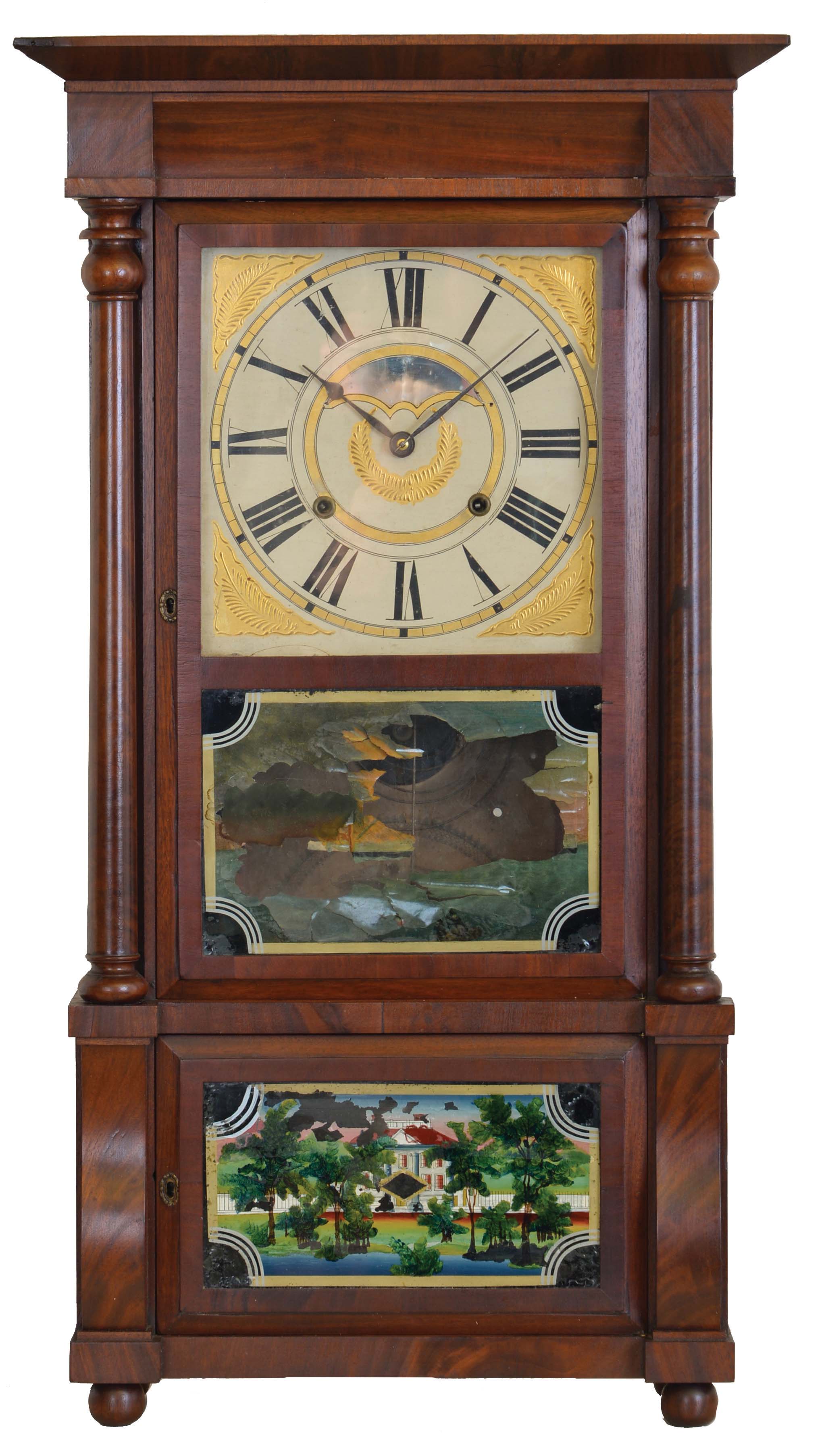 Birge, Mallory & Co., Bristol, Conn., 8 day, time and strike weight brass movement column & cornice shelf clock. — Antique Clocks Price Guide