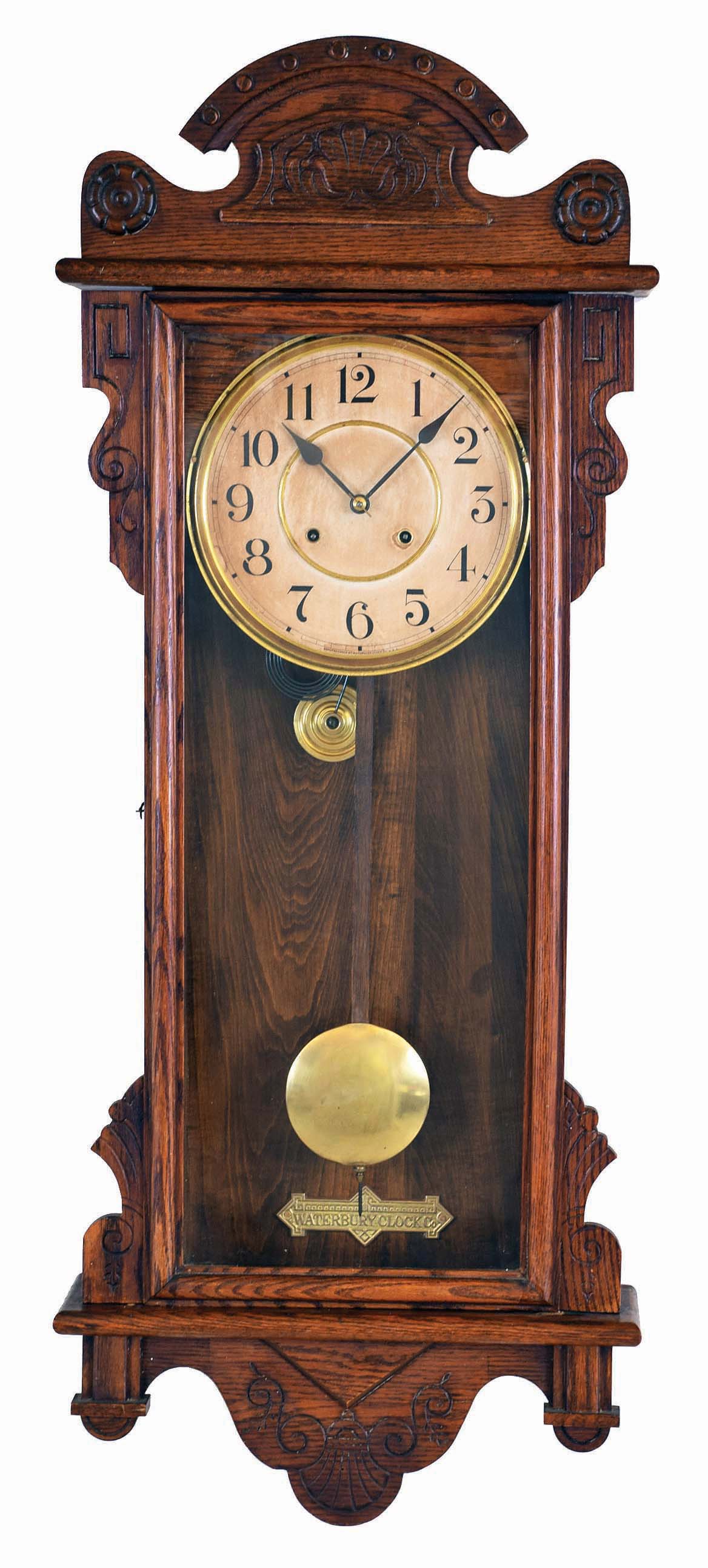 Waterbury Clock Co., Waterbury, Conn., "Nassau", 8 day, time and strike spring brass movement wall clock. — Antique Clocks Price Guide