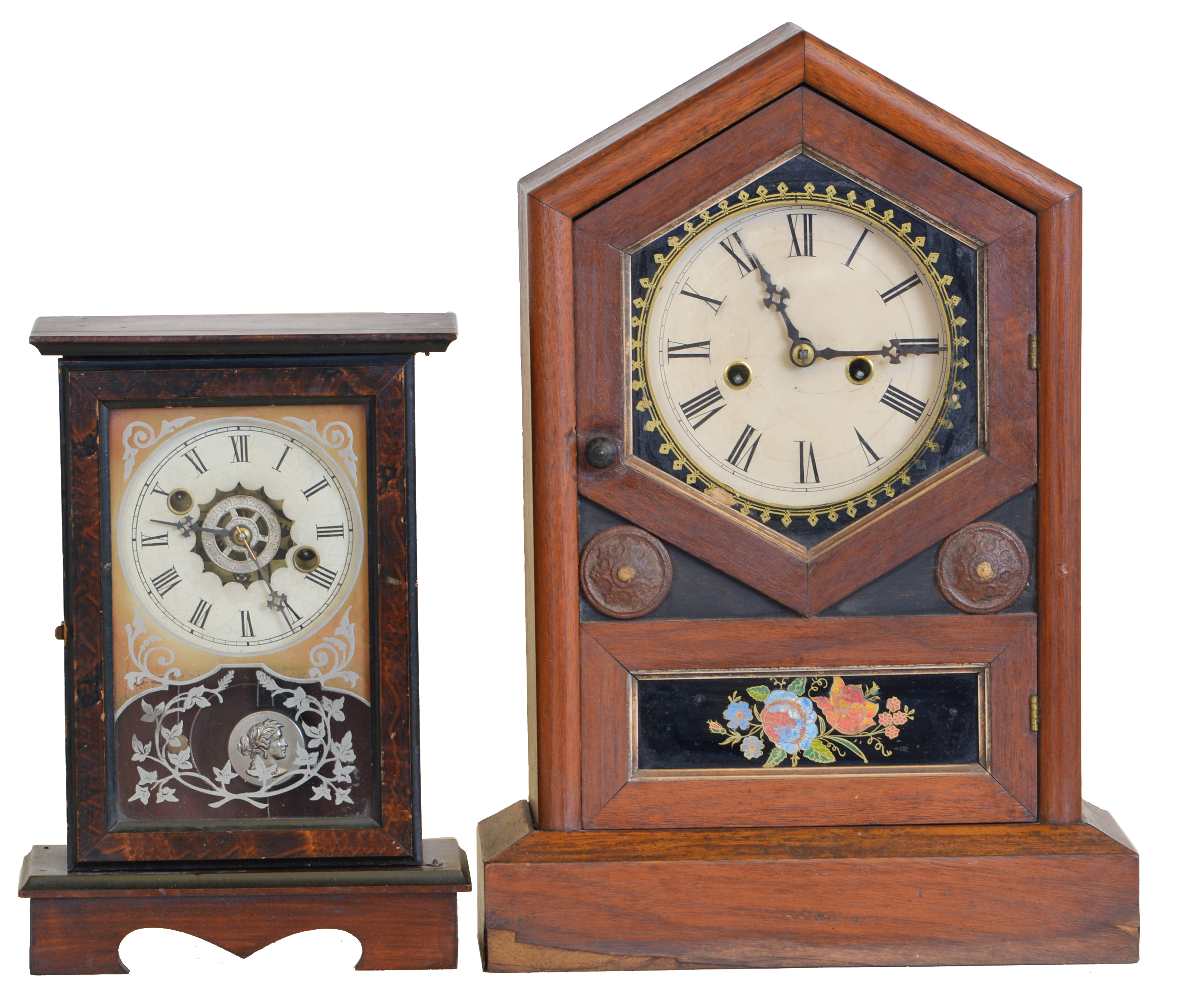 Clocks- 2 (Two): (1) William L. Gilbert Clock Co., Winsted, Conn., "Burl", 30 hour, time and alarm spring brass movement cottage clock, c1881 (2) New Haven Clock Co., New Haven, Conn., 30 hour, time and strike spring brass movement cottage clock, c1875 — Antique Clocks Price Guide