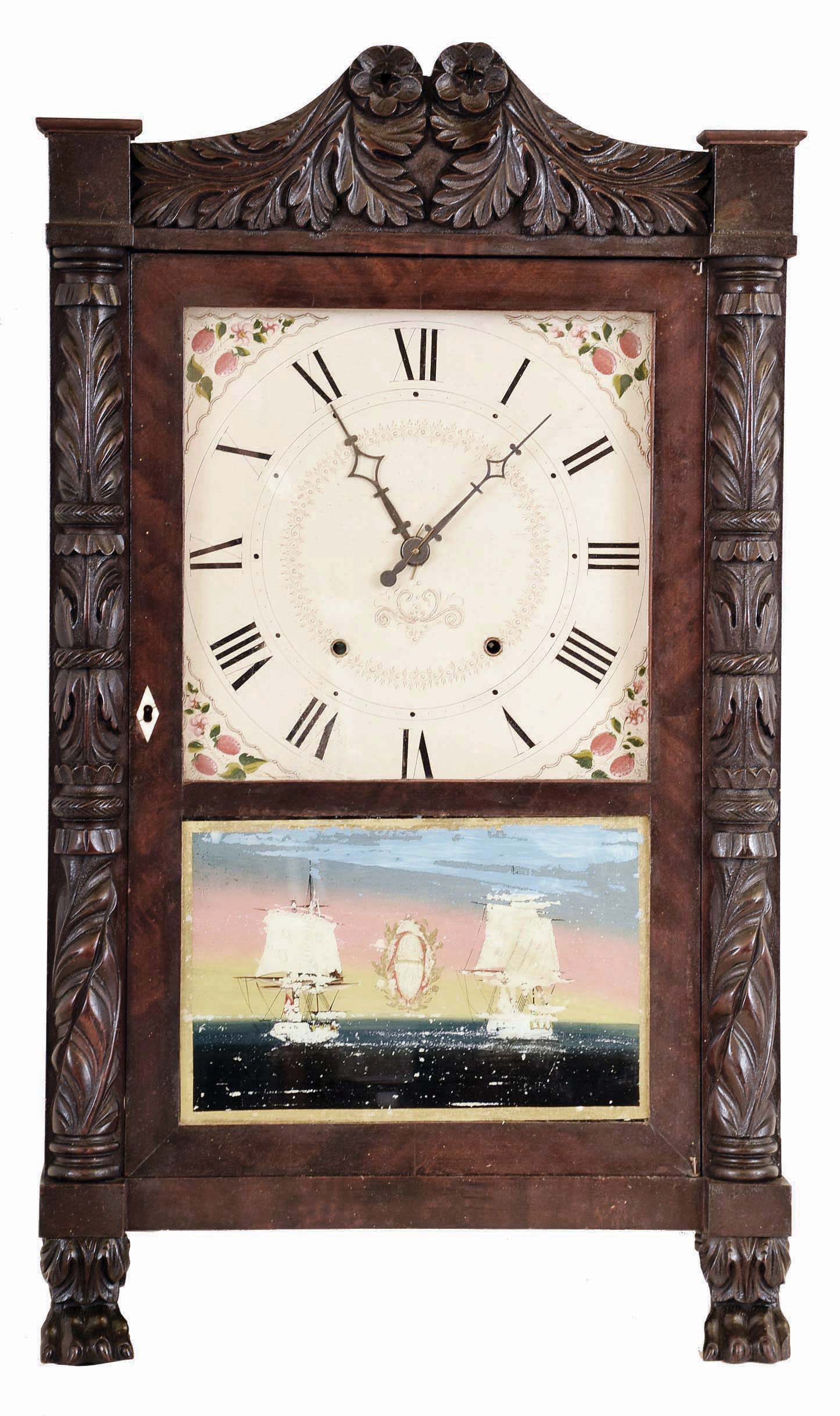Seth Thomas Clock Co., Plymouth Conn., 30 hour, time and strike weight wood movement carved column & splat shelf clock. This clock lacks a label and is attributed to Thomas by the movement in the case. — Antique Clocks Price Guide