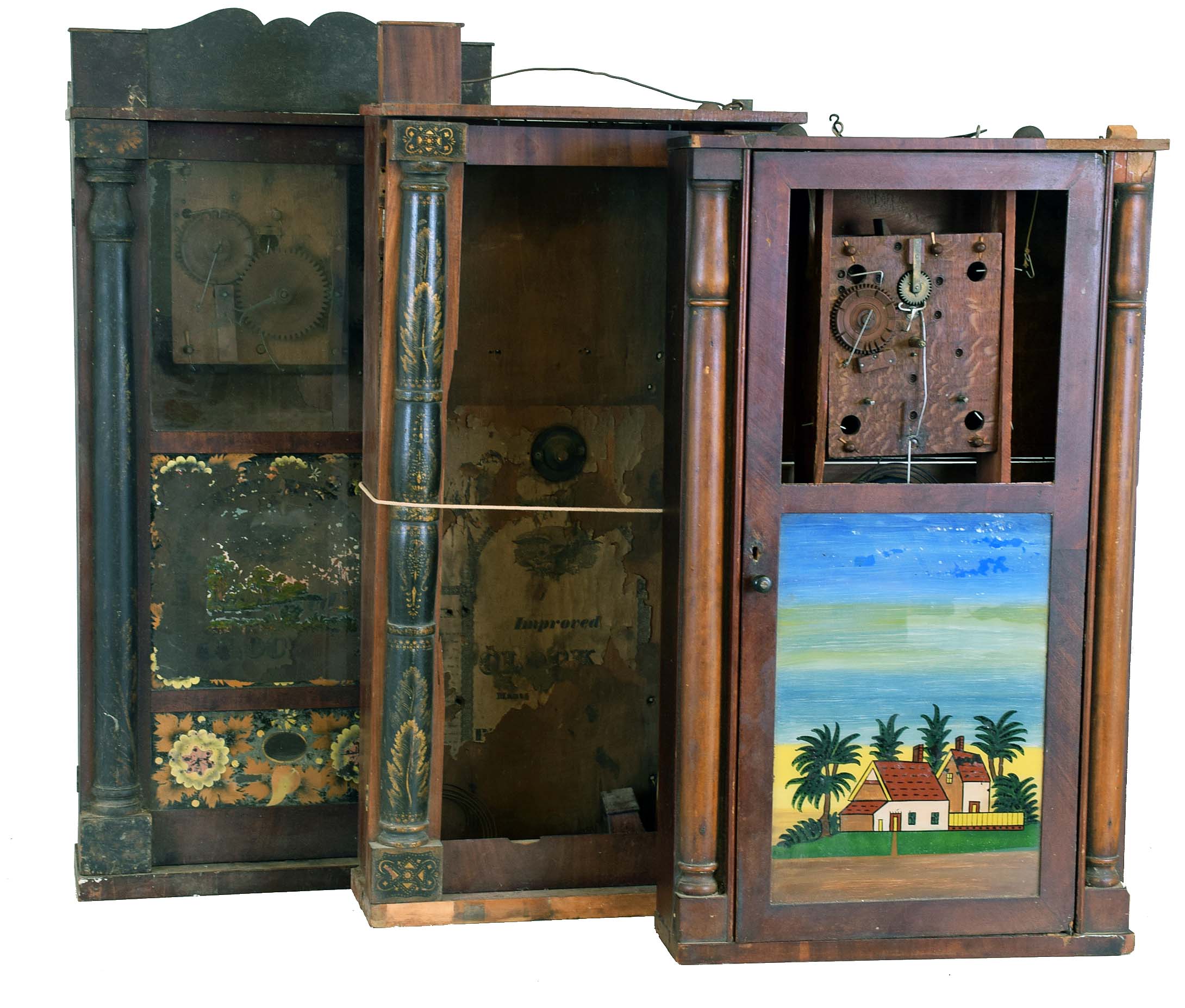 Clocks- 5 (Five): (1) Seth Thomas. Plymouth, Conn. Half Column and Splat shelf clock with a 30 hour weight driven time and strike wooden works movement, c1830. (2) Unidentified short Wooden works carved column case only, c1830. (3) Silas Hoadley, Plymouth, Conn. Column and Splat case (only) with pillar & scroll feet, c1830. (4) Unidentified wooden works stenciled column case only, c1830. (5) Jerome, Darrow & Co., Bristol, Conn., stenciled Column and Splat shelf clock with a 30 hour weight driven time and strike groaner movement in a mahogany case, c1830, — Antique Clocks Price Guide
