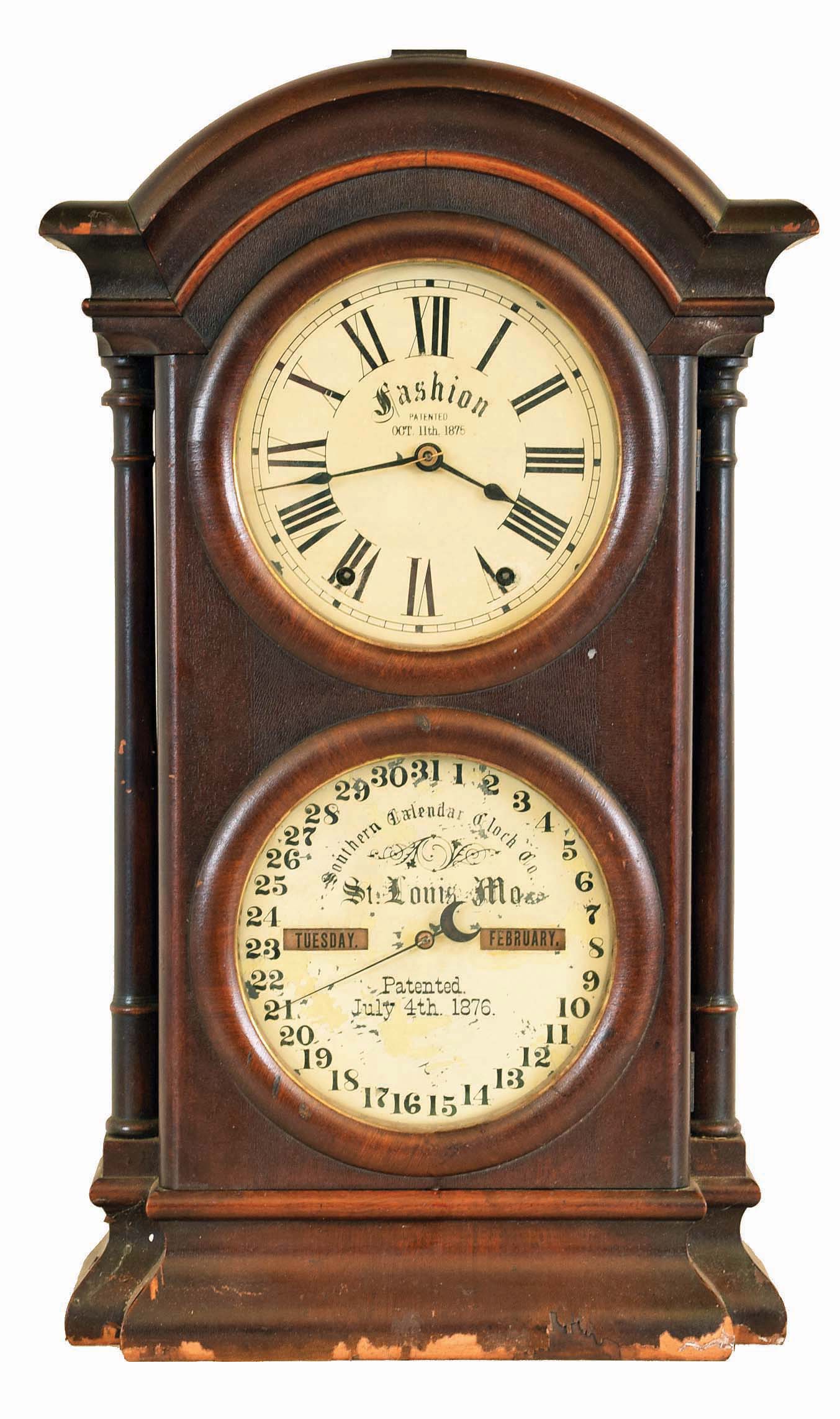 Southern Calendar Clock Co., St. Louis, MO. "Fashion No. 2" shelf clock with an 8 day spring driven time and strike movement with the R. T. Andrews perpetual calendar mechanism in a walnut veneered case. — Antique Clocks Price Guide