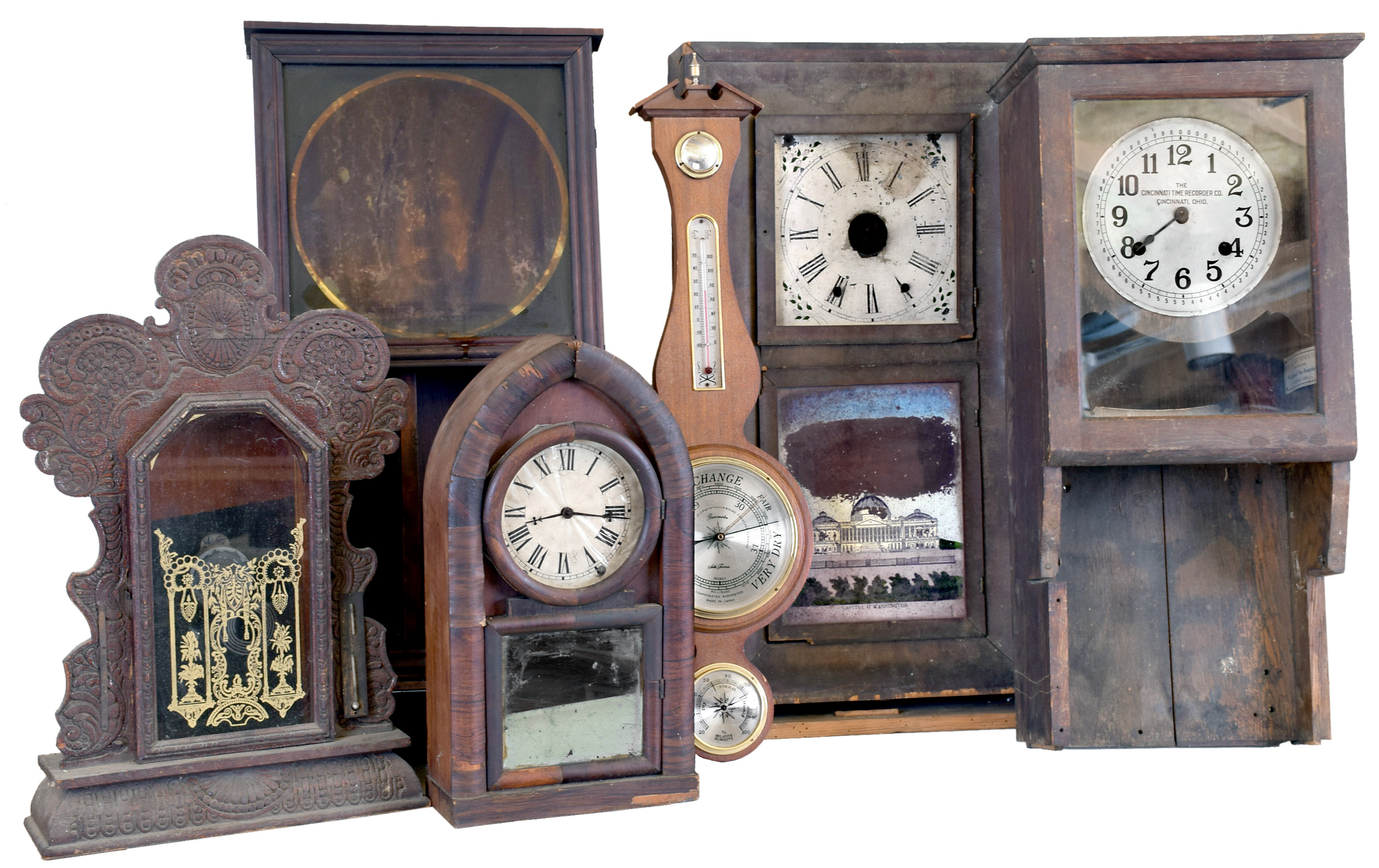 Clocks- 6 (Six): (1) Wm. L. Gilbert Clock Co., Winsted, CT, "University" wall hanging clock with an 8day timepiece movement, c1930. (2) New Haven Clock Co., New Haven, Conn. OG shelf clock with a weight driven 8 day time and strike movement, c1870. (3) Unidentified Beehive clock with an 8 day spring driven time and strike movement in a rosewood veneer case, c1870. (4) E. Ingraham & Co., Bristol, Conn. "Gila" shelf clock case only, c1900. (5) Cincinnatti Time Recording Co., Cincinnati OH "Time Recording Clock" in an oak case with a spring driven 15 day Seth Thomas timepiece movement, c1920. (6) Seth Thomas Clock Co., Thomaston, Conn. "Weathervane II" thermometer, barometer and hygrometer, c1980 — Antique Clocks Price Guide