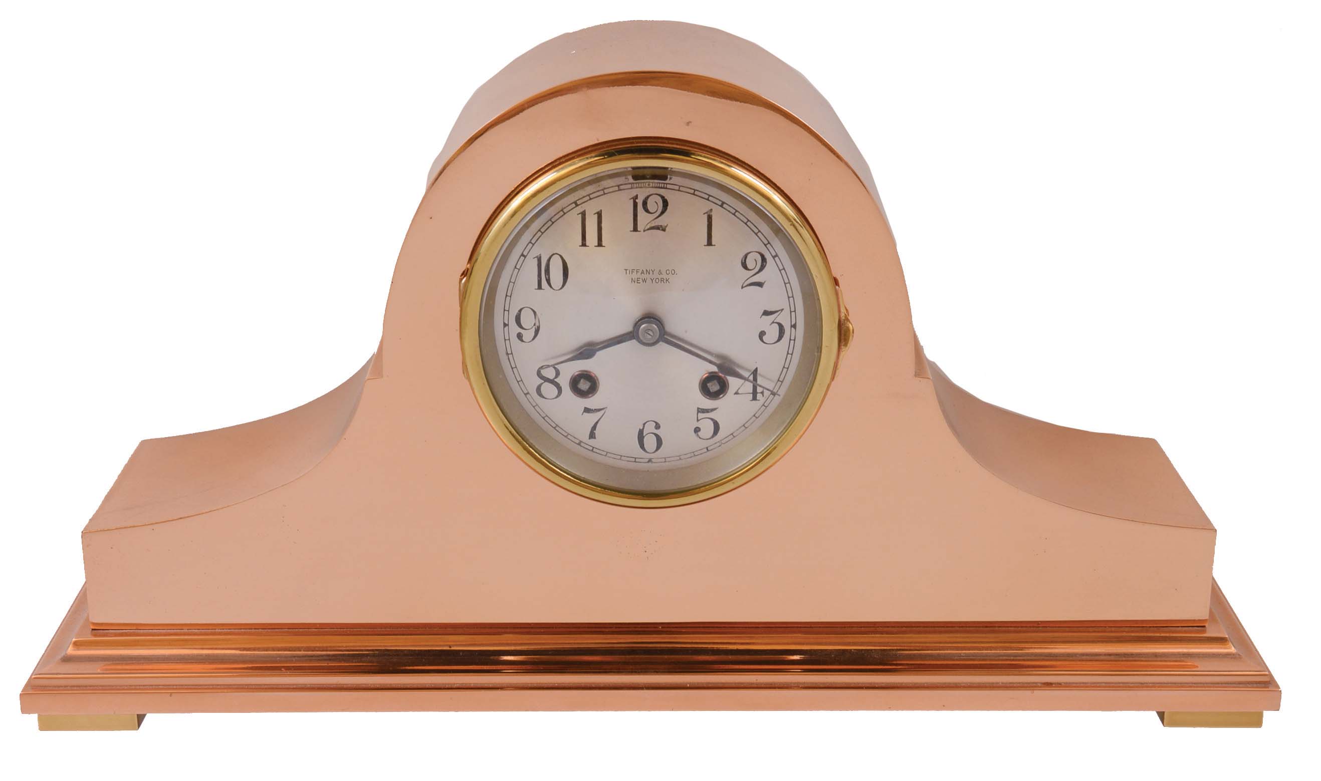 Chelsea Clock Co., Boston, Mass., 8 day, time and house strike spring brass movement tambour style brass case mantel clock retailed by Tiffany & Co., New York. Serial No. 162930, 1924 — Antique Clocks Price Guide