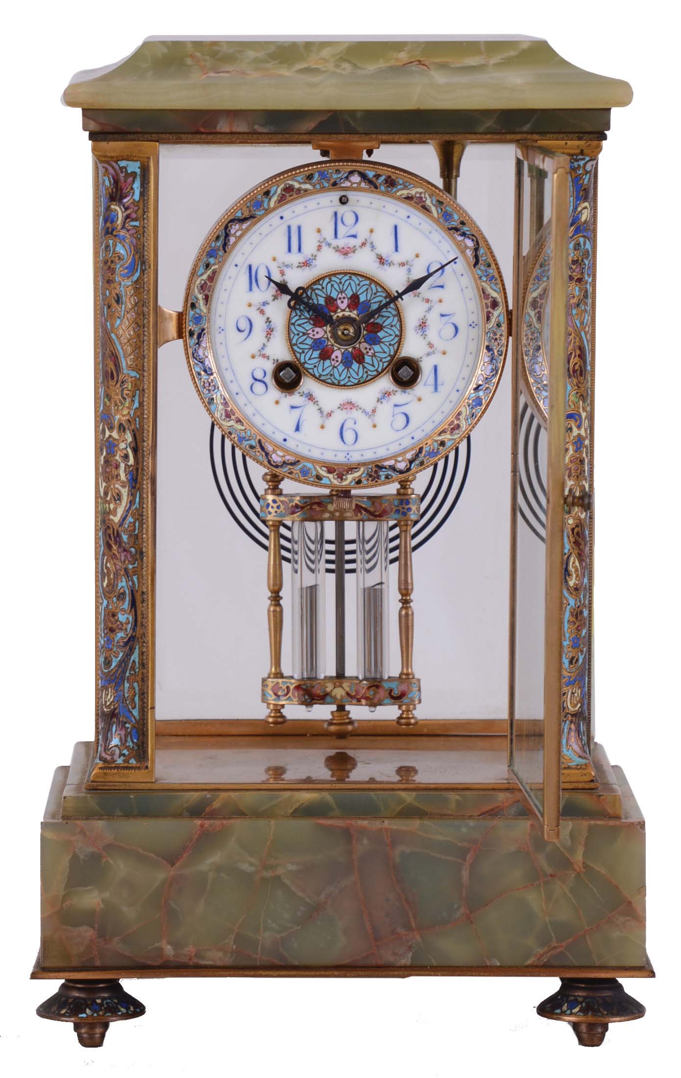 French, Marti & Cie, 8 day, time and strike spring brass movement onyx and cloisonne crystal regulator. — Antique Clocks Price Guide