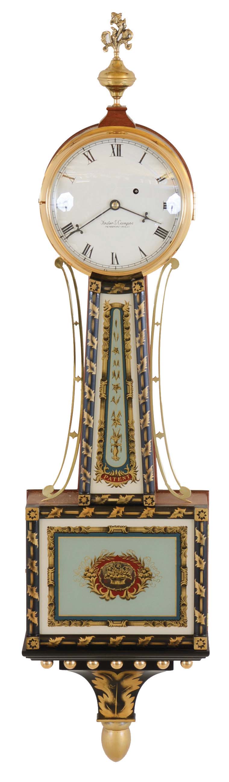 Foster Campos, Pembroke, Mass., 8 day, weight brass movement stenciled Patent or banjo timepiece. No. 4, 2002 — Antique Clocks Price Guide
