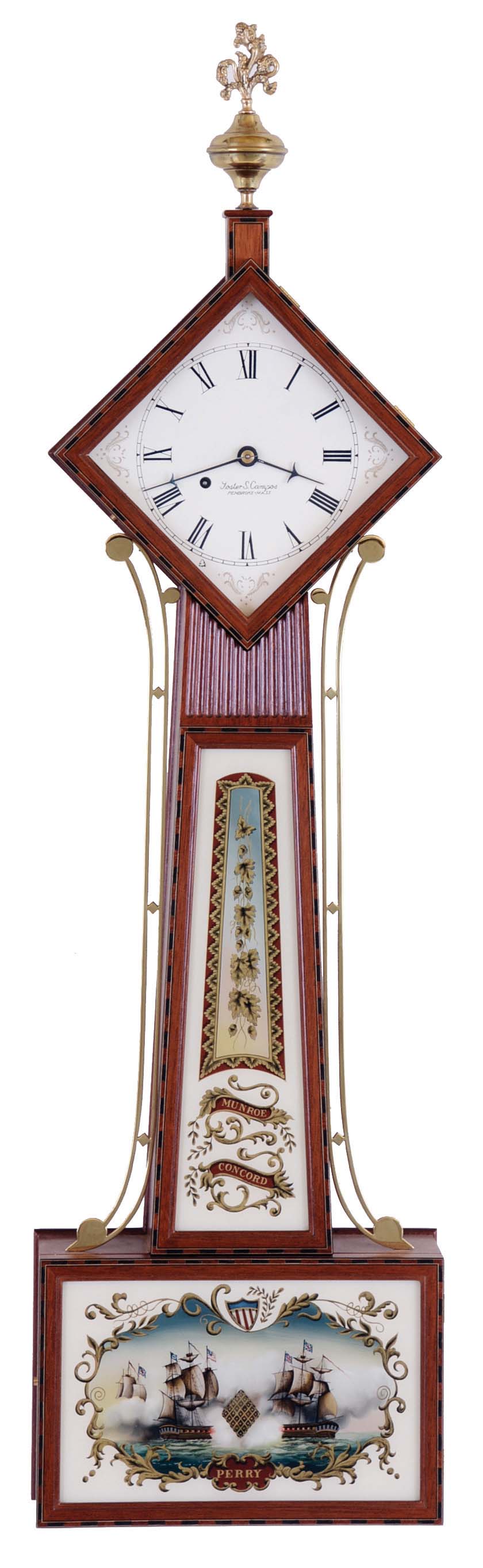 Foster S. Campos, Pembroke, Mass., "diamond Head Banjo" wall clock, 8 day, weight brass movement time and passing strike, in an inlaid mahogany case with painted metal dial and reverse painted tablets, the upper signed "MUNROE CONCORD" and the lower depicting Admiral Perry and the Commodore, by Tom Moberg, dated 2003 — Antique Clocks Price Guide