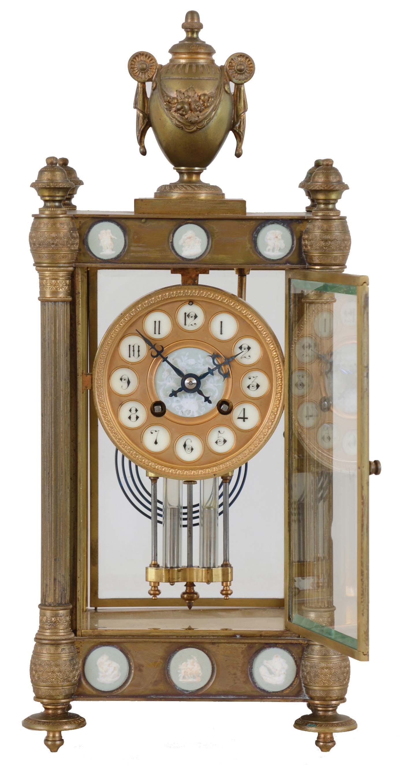 French, Marti & Cie, 8 day, time and strike spring brass movement crystal regulator with small wedgewood panels in the top and base. — Antique Clocks Price Guide
