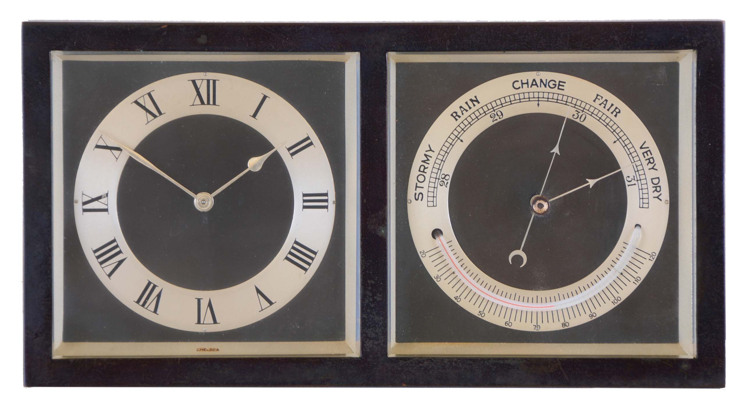 Chelsea Clock Co., Boston, Mass., "Erickson", 8 day, spring brass lever movement timepiece and barometer desk set. Serial No. 524048 — Antique Clocks Price Guide