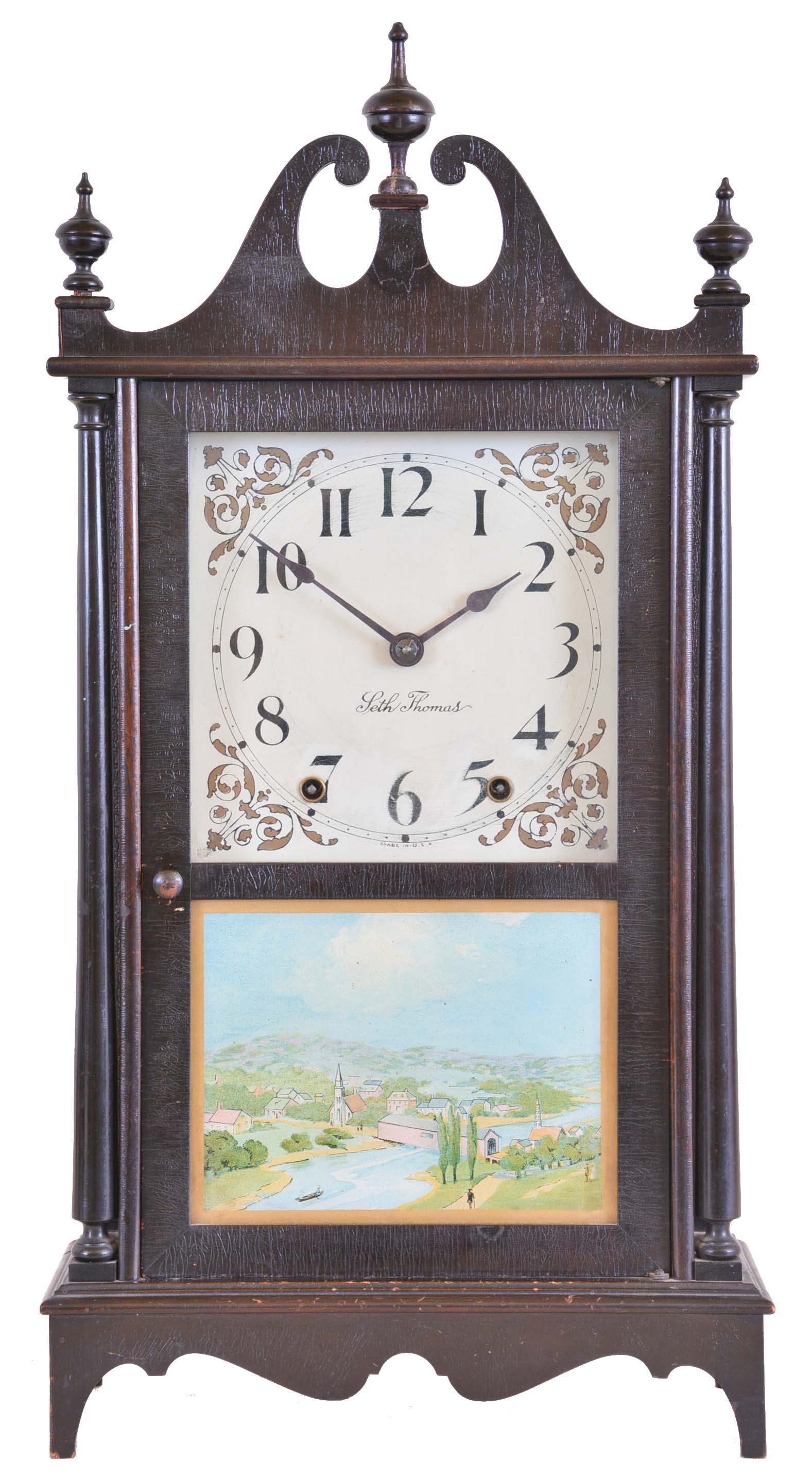 Seth Thomas Clock Co., Thomaston, Conn., "Plymouth" model, 8 day, time and strike spring brass movement Pillar & Scroll mantel clock. — Antique Clocks Price Guide