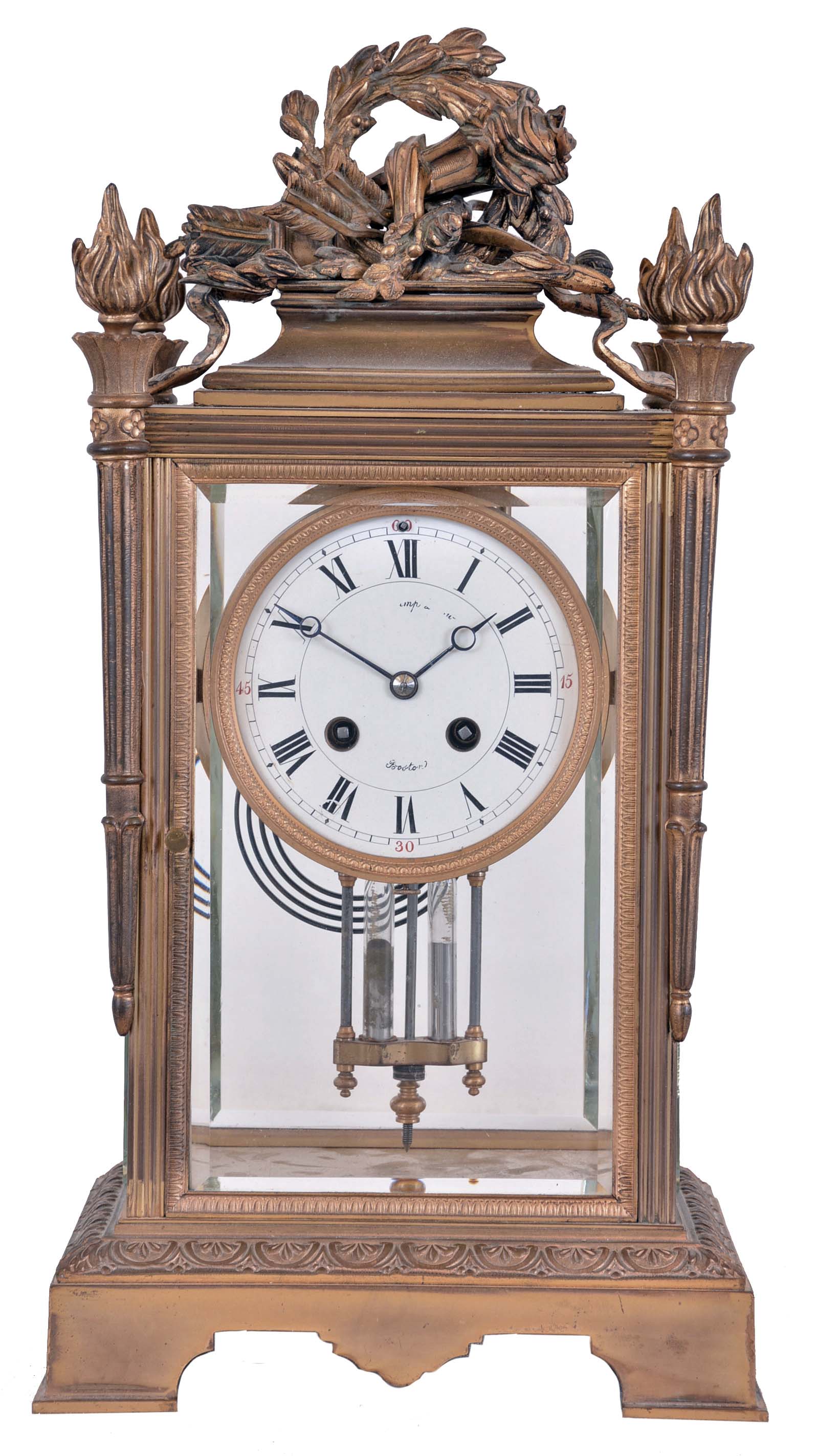 France, for Shreve, Crump & Low, Boston, crystal regulator with gilt bronze case, the base with foliate ornamented molding, the four corners mounted with torches, and the top surmounted by a trophy incorporating a bow, arrows, quiver, and torch, all encircled by a laurel wreath, Roman numeral white enamel dial, blued steel Breguet style hands, and 8 day, time and strike pendule de Paris movement with 2 vial mercury pendulum — Antique Clocks Price Guide