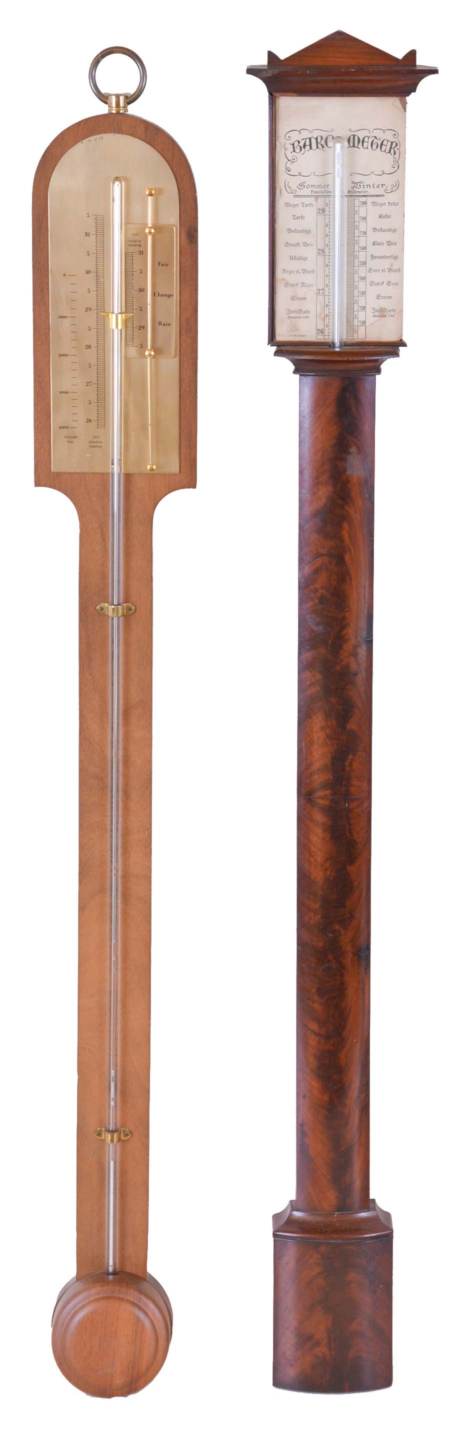 Barometers- 2 (Two) mercury: (1) 19th century period example in a crotch mahogany veneer bow front case; (2) Modern — Antique Clocks Price Guide