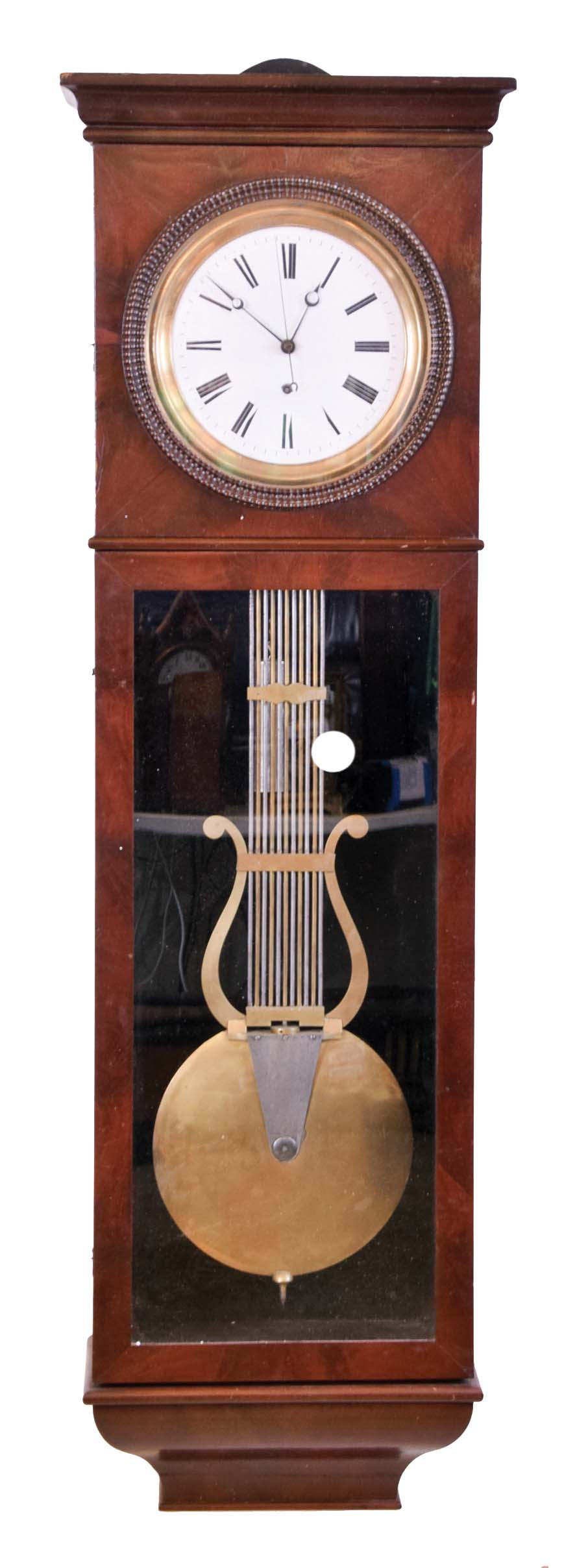 Jeweler's Regulator, wall clock, 8 day, time only, weight driven movement with a pinwheel escapement and compensated high grade grid iron pendulum in a walnut case with pie crust dial surround and white enamel dial and center seconds. — Antique Clocks Price Guide