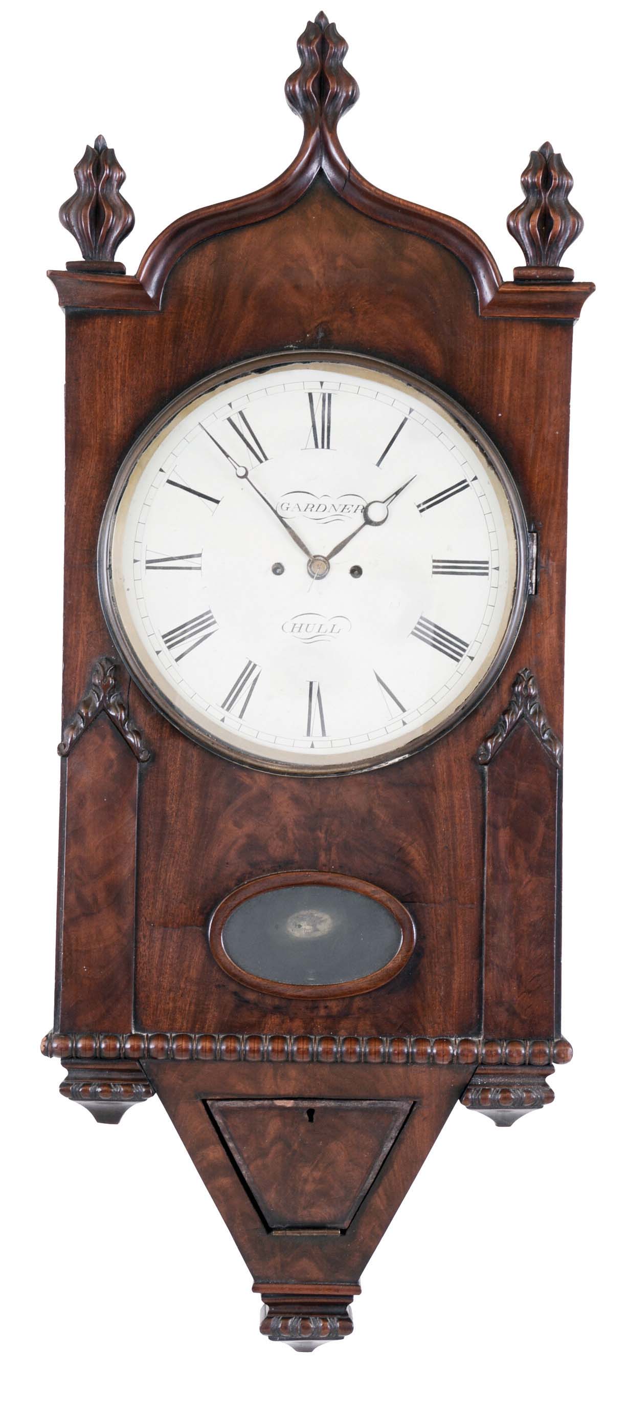 England, 8 day, time and strike spring fusee brass movement Gothic style wall clock signed Gardner, Hull. — Antique Clocks Price Guide