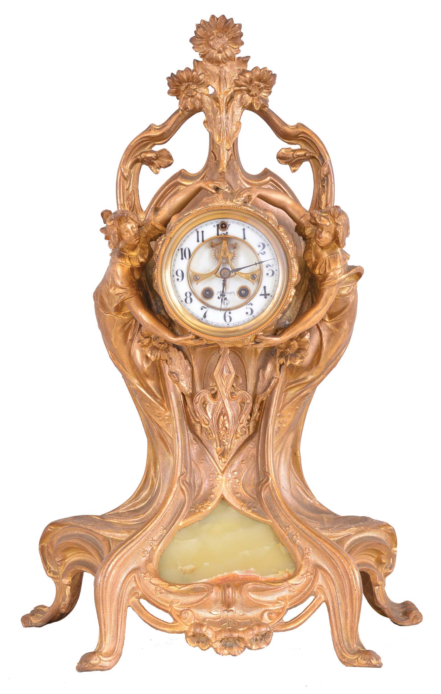 William L. Gilbert Clock Co., Winsted, Conn., "Cariatides", 8 day, time and strike spring brass movement figural mantel clock. — Antique Clocks Price Guide