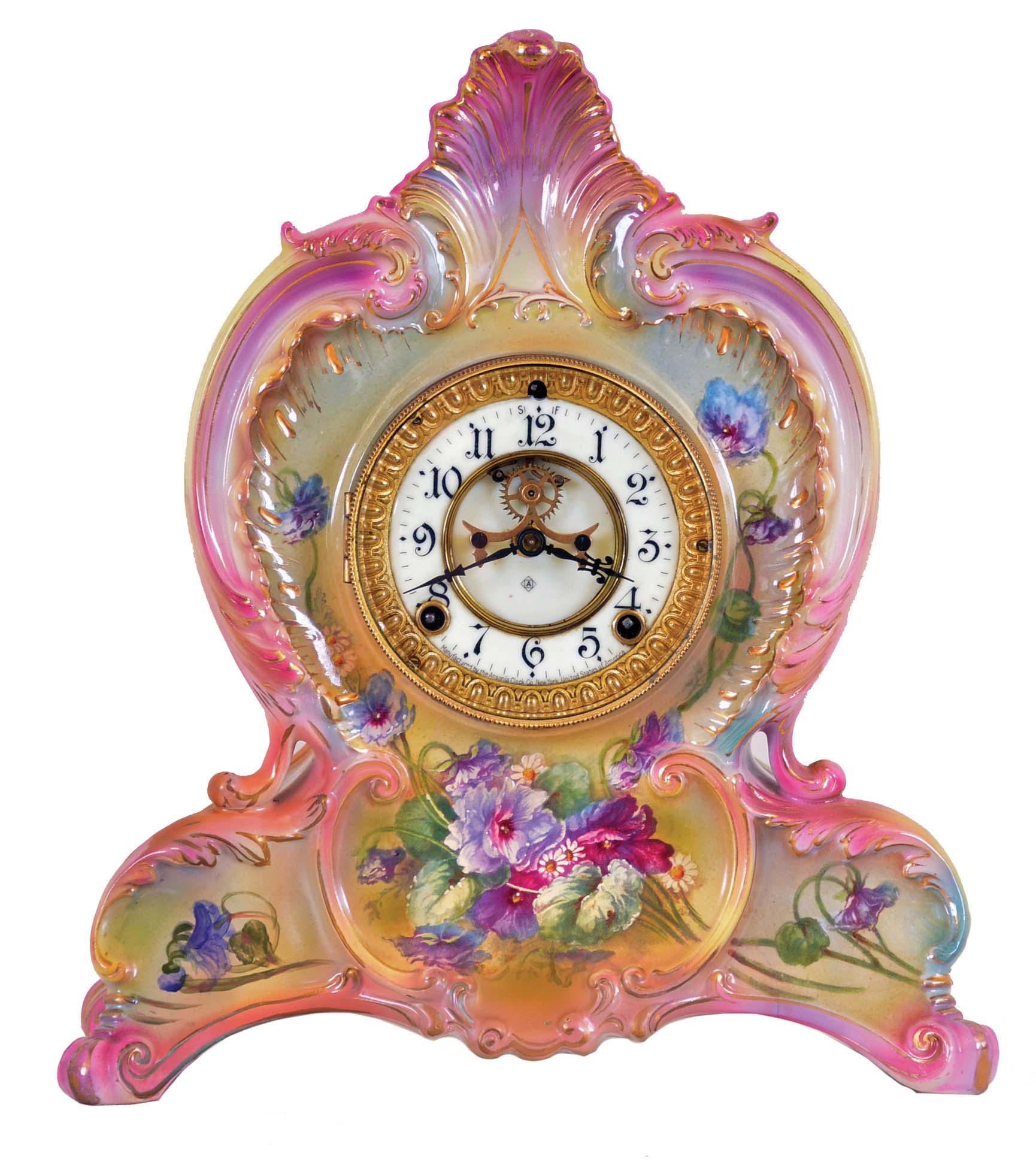 Ansonia Clock Co., New York, NY, "La Fleur", 8 day, time and strike spring brass movement porcelain mantel clock. — Antique Clocks Price Guide