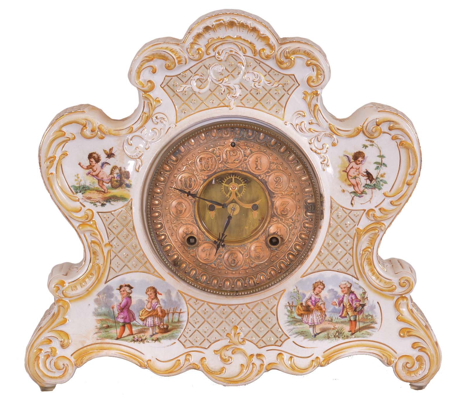 Ansonia Clock Co., New York, NY, 8 day, time and strike spring brass movement porcelain mantel clock. — Antique Clocks Price Guide