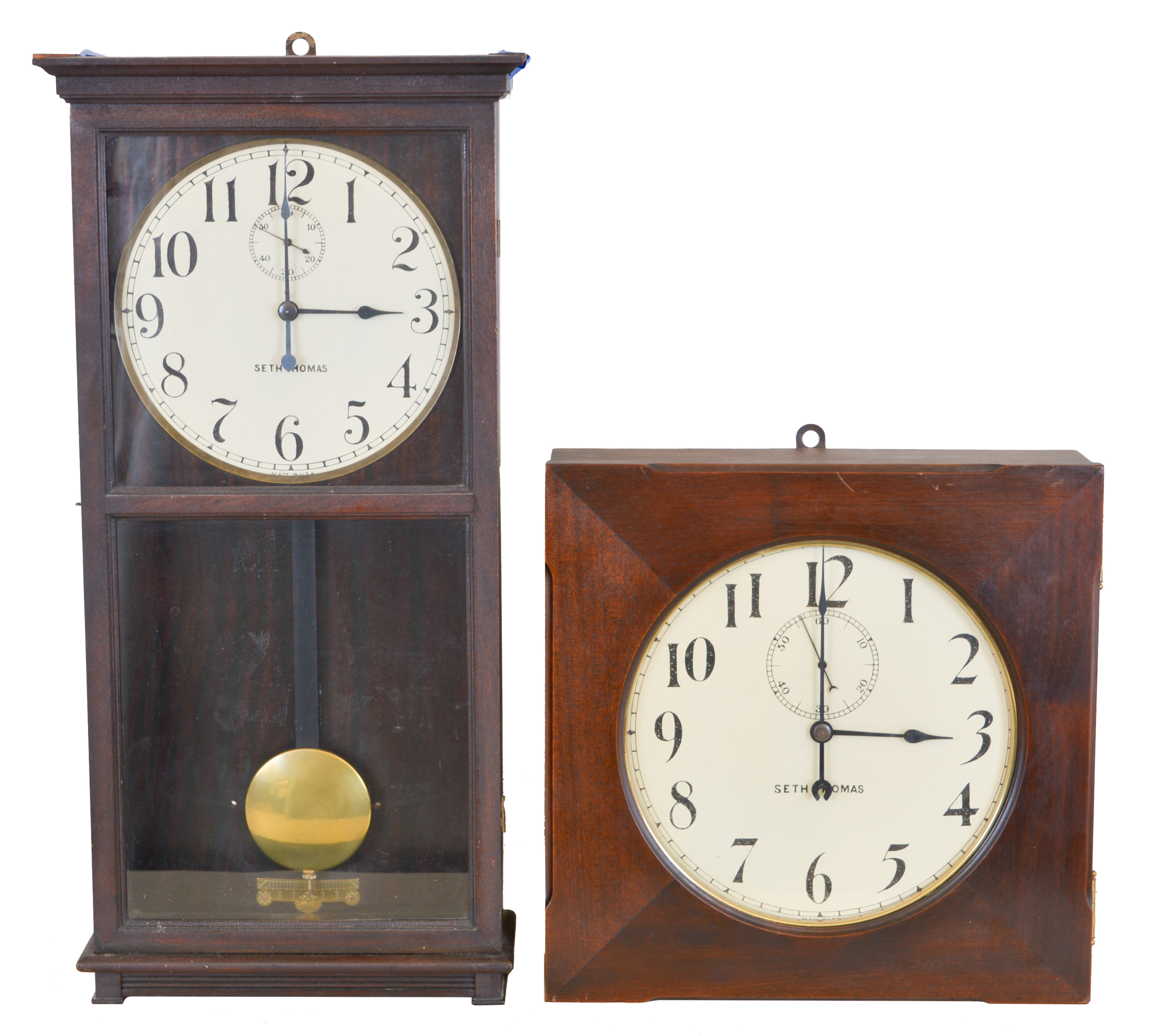 Clocks- 2 (Two) Seth Thomas: (1) "Self Winding No. 1", housing a Seth Thomas Self Winding movement No. 86 A.F. "Office No 9", housing a Seth Thomas Self Winding movement No. 86 A.F. The movement is driven by weight which operates directly in the center wheel. It is automatically re- wound every four minutes and is operated by two dry cells that last a year or more. — Antique Clocks Price Guide