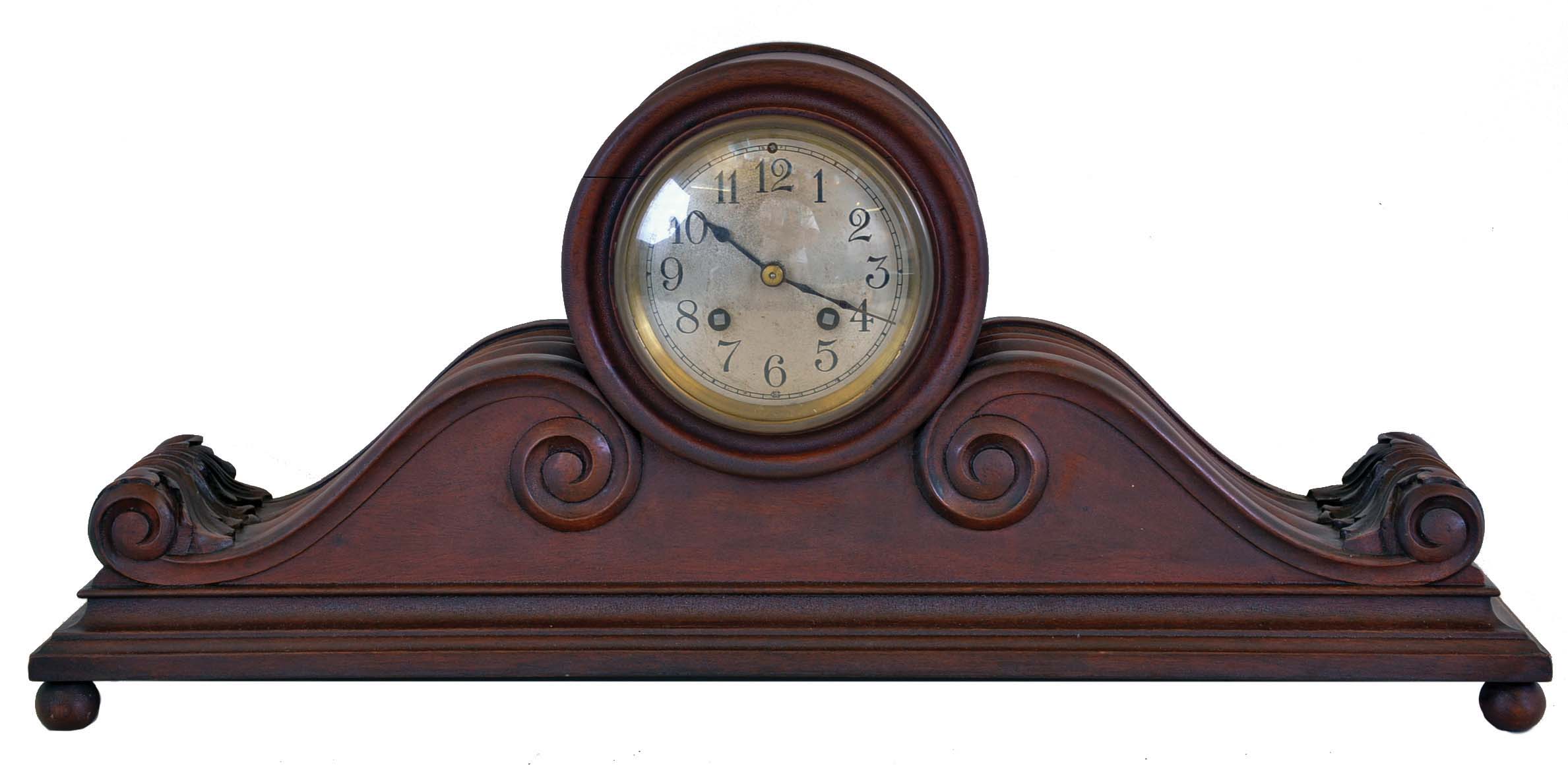 Herschede Hall Clock Co., Cincinnati, Ohio, 8 day, time and strike spring brass movement tambour mantel clock. Serial no. 1700 — Antique Clocks Price Guide