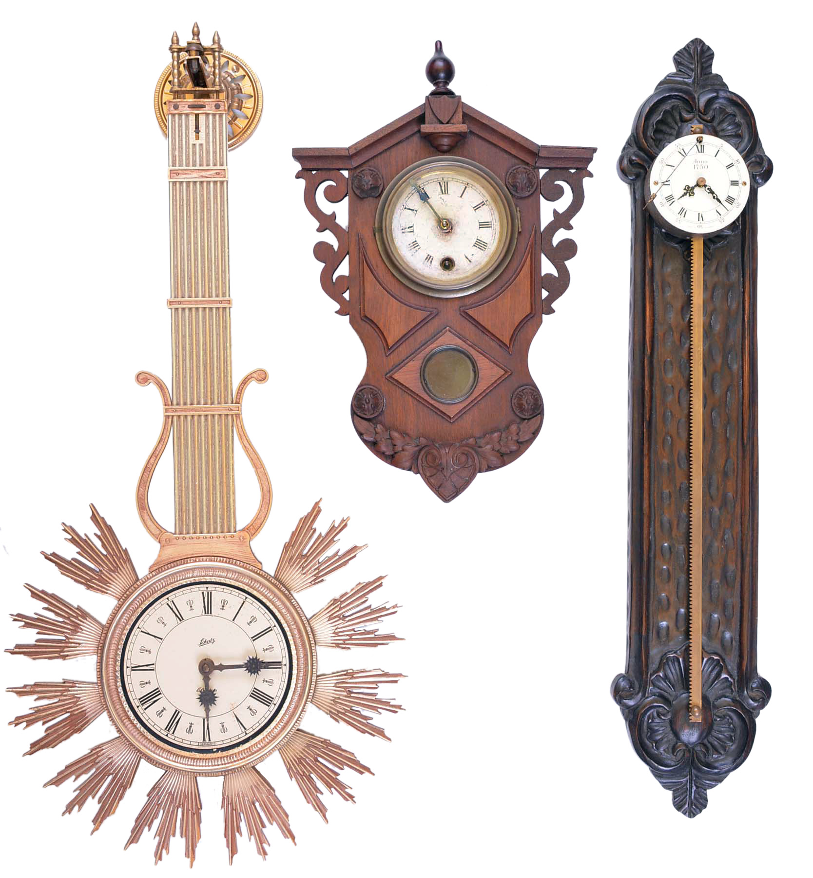 Clocks- 3 (Three), a 20th century gravity clock, a plastic, a 20th century battery operated Schatz swinging clock, and a small Gilbert wall clock, late 19th century — Antique Clocks Price Guide