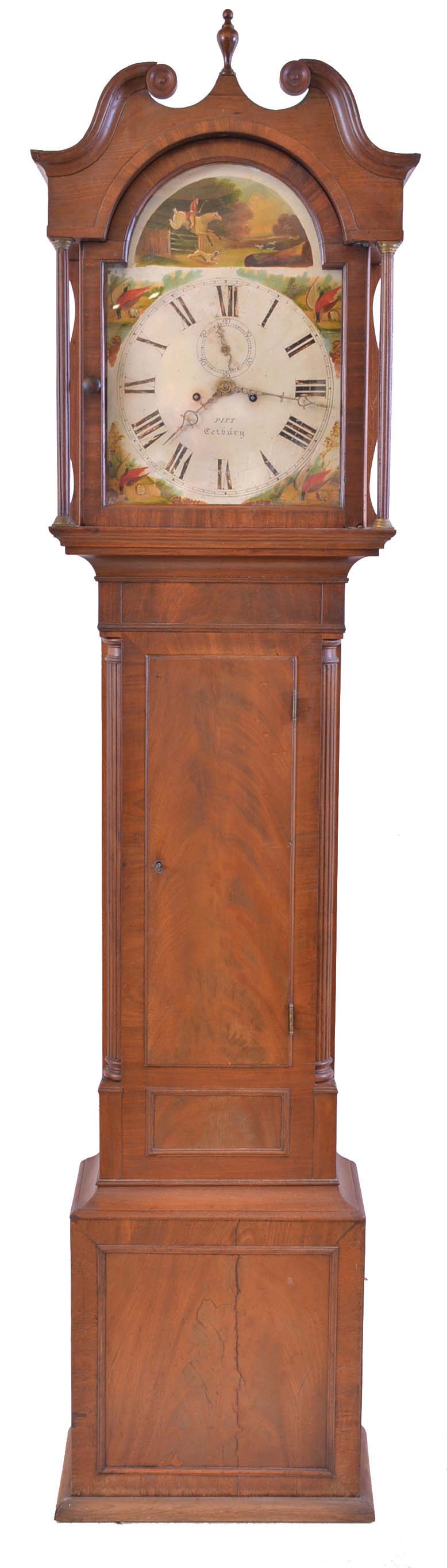 Pitt, Cetbury, England tall clock, 8 day, time and bell strike, weight driven movement in a mahogany case with broken arch top and painted iron dial depicting a hunting scene in arch with pheasant spandrels — Antique Clocks Price Guide