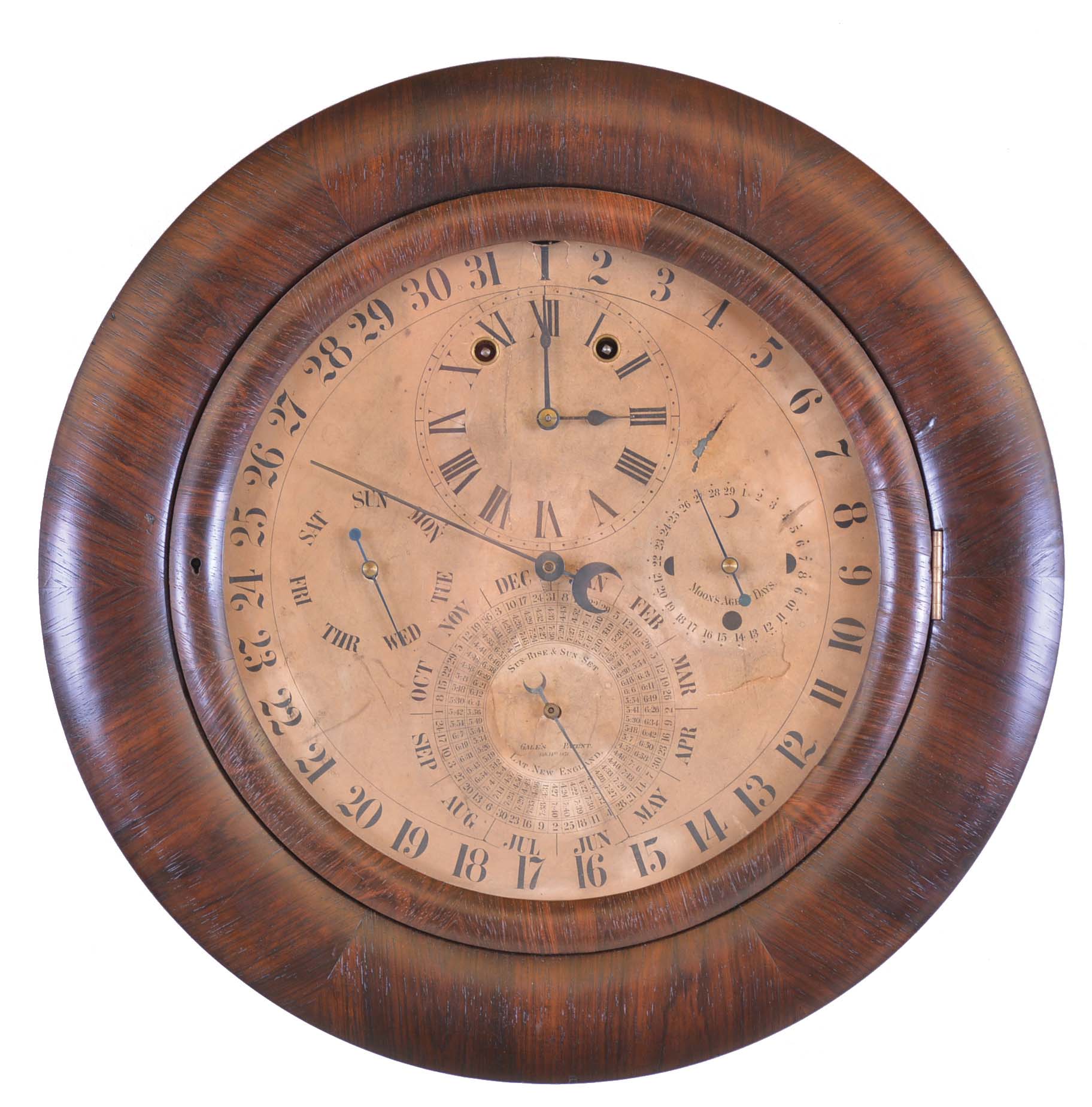 Welch, Spring & Co., Forestville, Conn., 8 day, spring brass lever movement wall clock with Daniel J. Gale's patent model No. 3 calendar. — Antique Clocks Price Guide