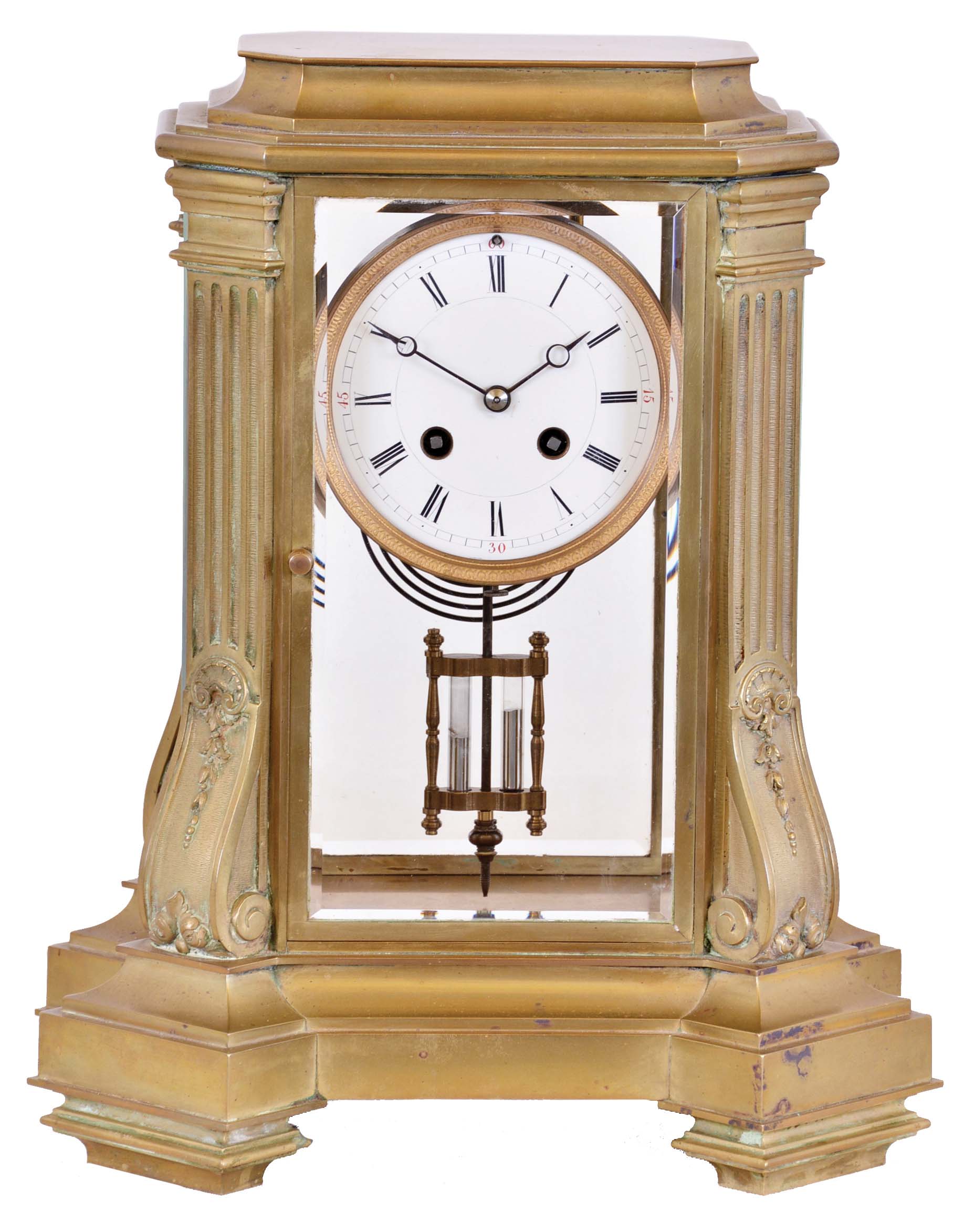 France, for Tiffany & Co., crystal regulator, architectural case with canted corners on a stepped and molded base, the corners decorated with fluted pilasters on inverted corbels, and supporting the stepped, molded top, Roman numeral white enamel dial, blued steel Breguet style hands, 8 day time and strike pendule de Paris movement marked "Tiffany & Co.", with two vial mercury pendulum — Antique Clocks Price Guide